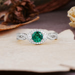 Vintage Round Cut Emerald Halo Twisted Engagement Ring - Additional view