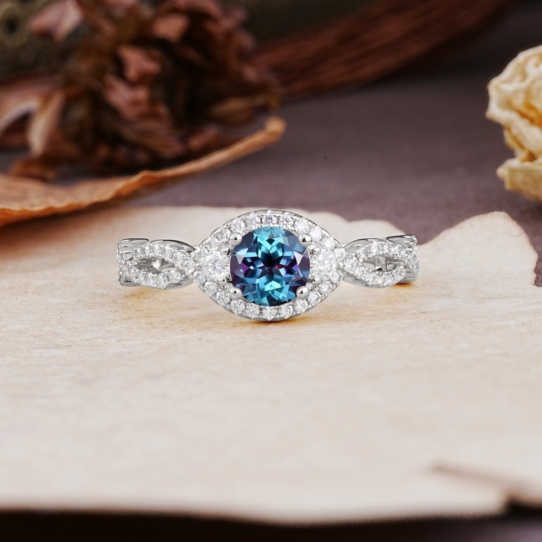 Vintage Round Cut Alexandrite Halo Twisted Engagement Ring - Additional view