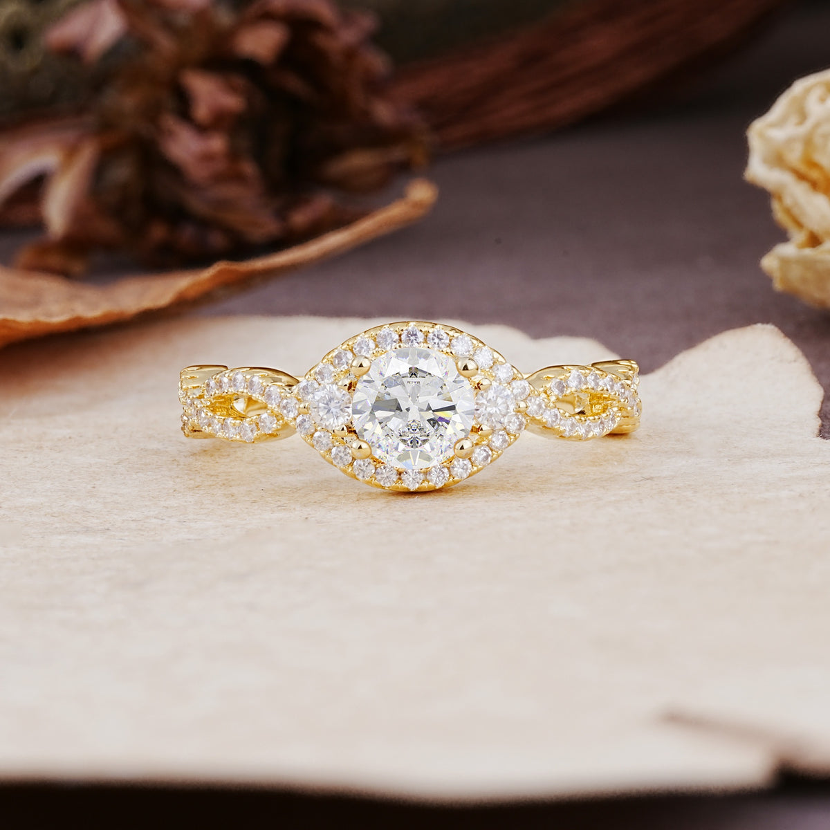 Vintage Round Cut Moissanite Halo Twisted Engagement Ring - Additional view