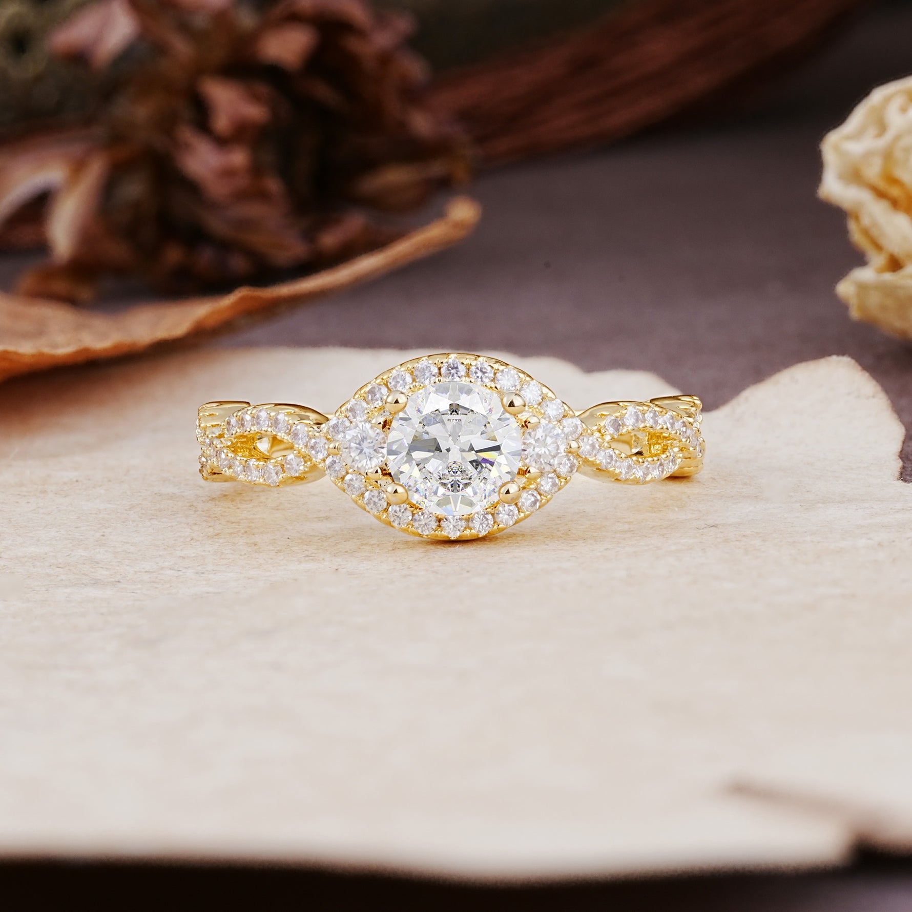 Vintage Round Cut Moissanite Halo Twisted Engagement Ring - Additional view