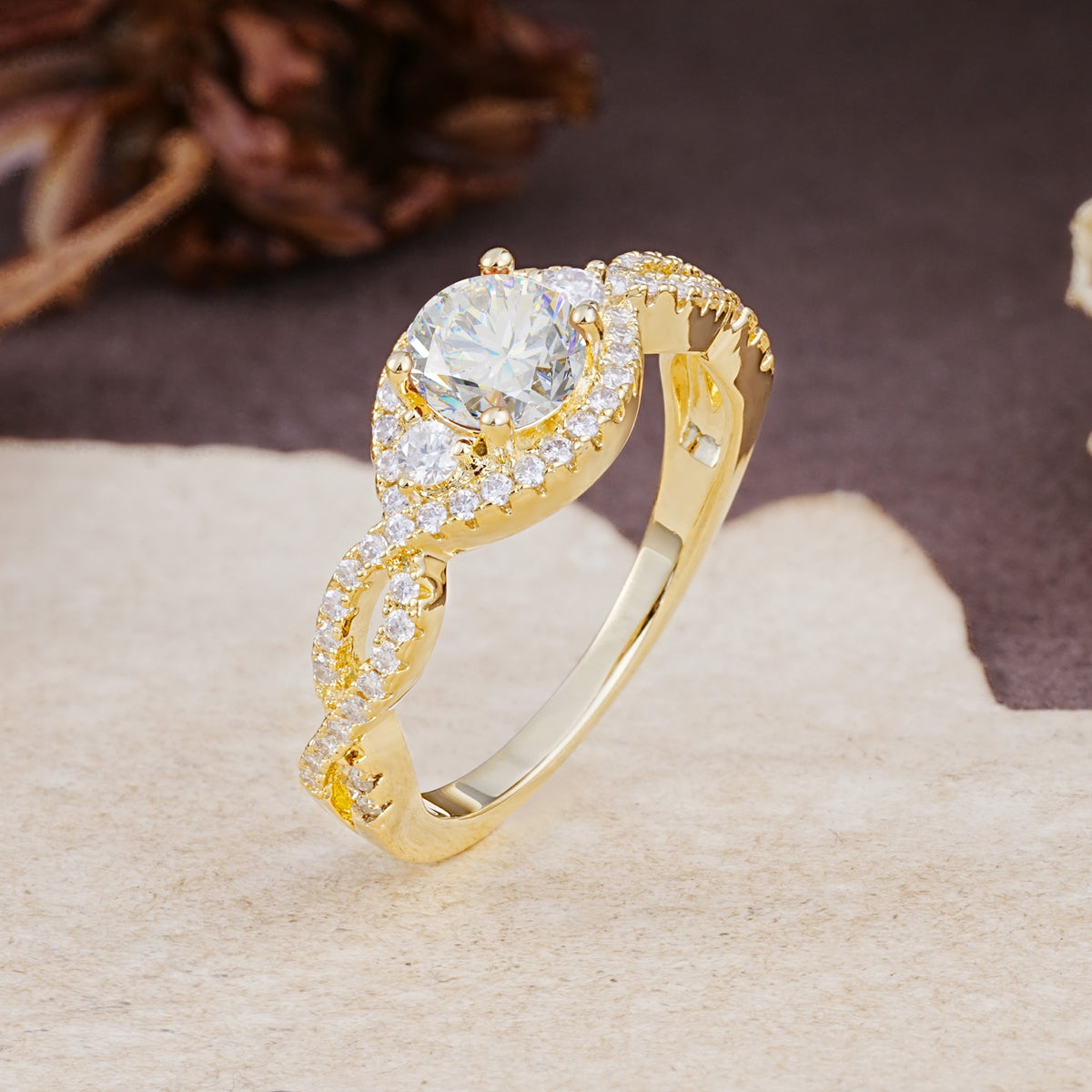 Vintage Round Cut Moissanite Halo Twisted Engagement Ring - Additional view