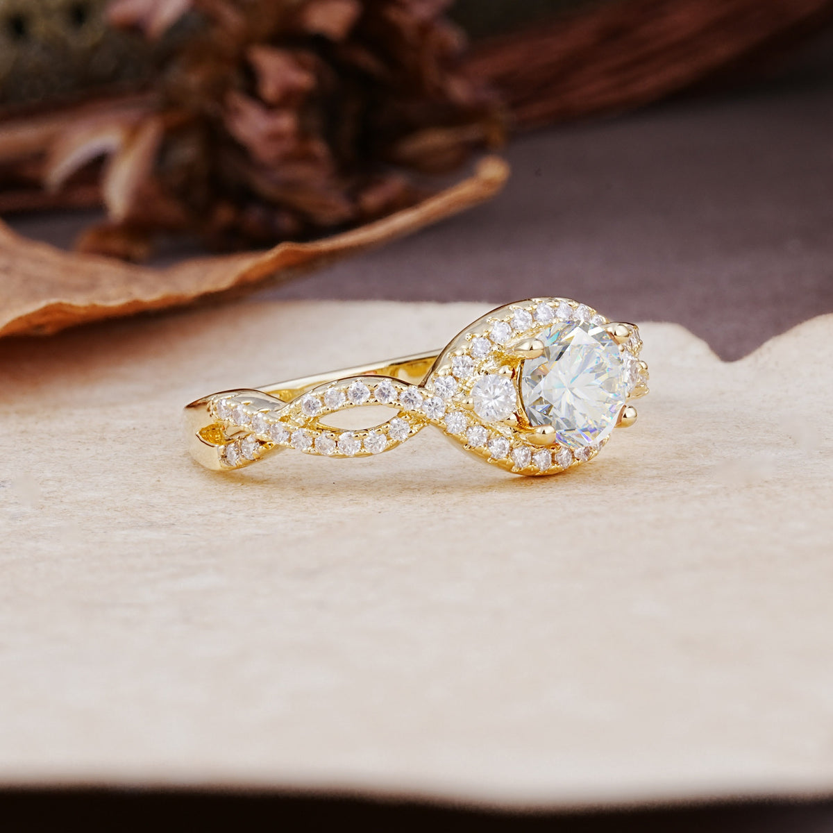 Vintage Round Cut Moissanite Halo Twisted Engagement Ring - Additional view