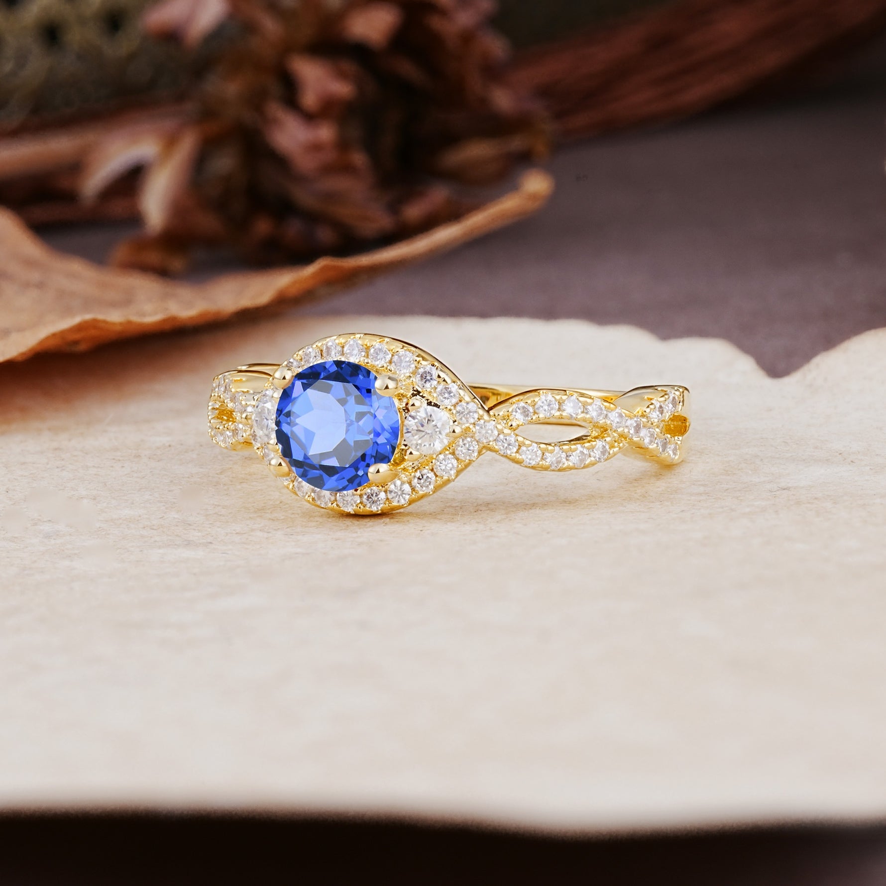 Vintage Round Cut Sapphire Halo Twisted Engagement Ring - Additional view