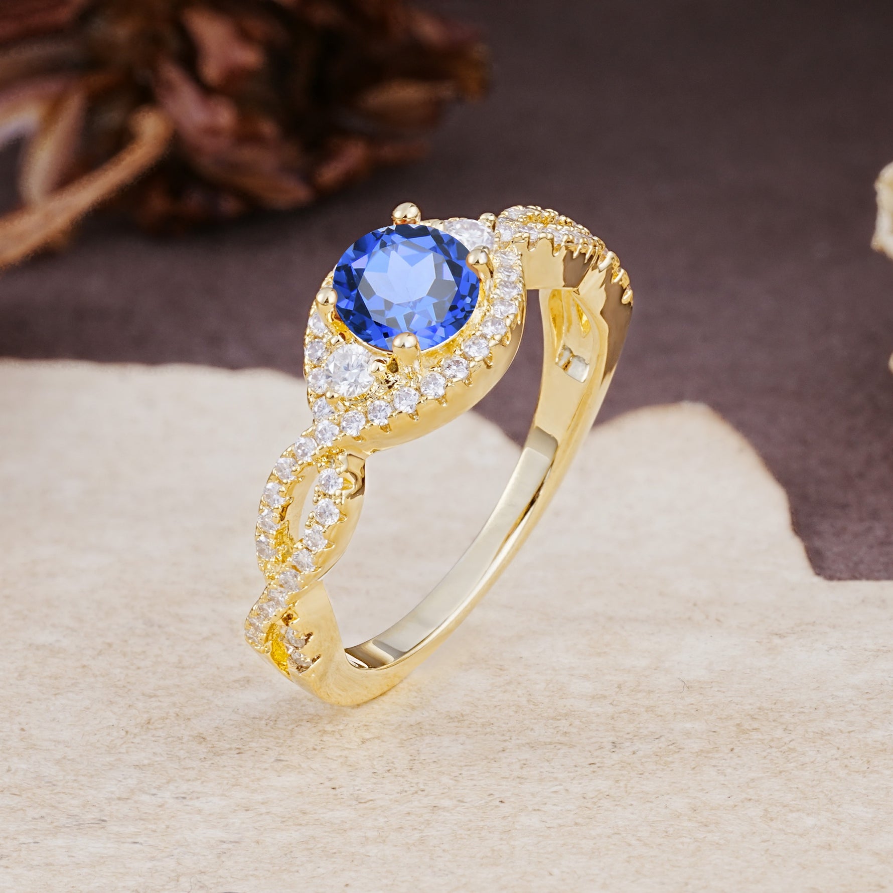 Vintage Round Cut Sapphire Halo Twisted Engagement Ring - Additional view