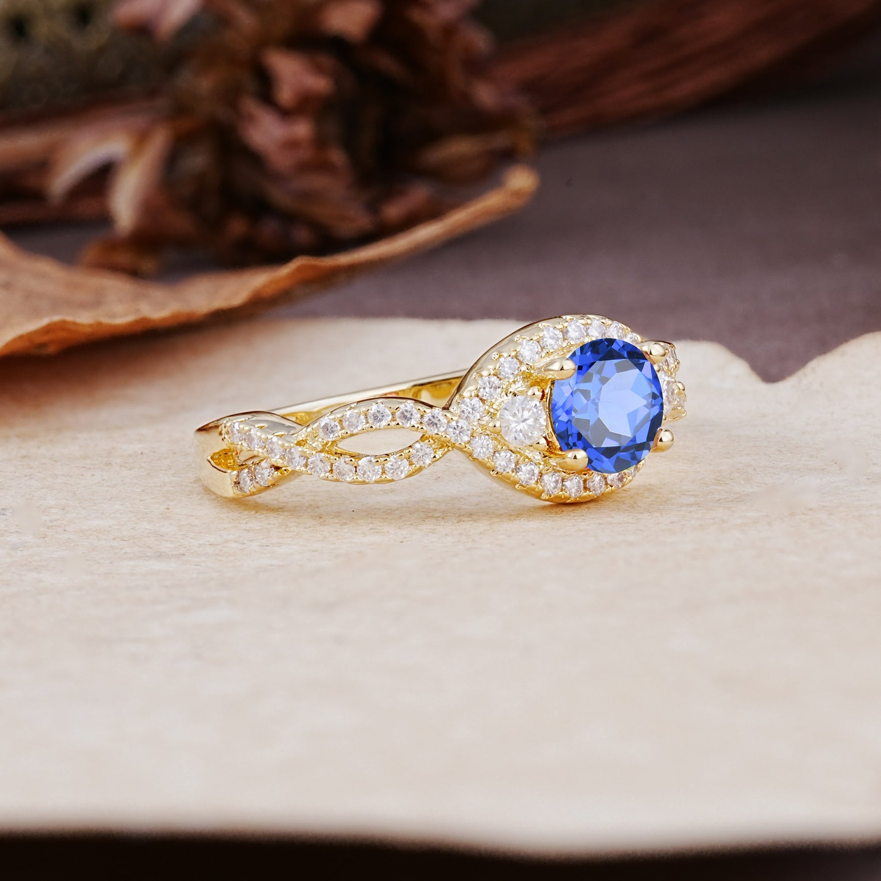 Vintage Round Cut Sapphire Halo Twisted Engagement Ring - Additional view