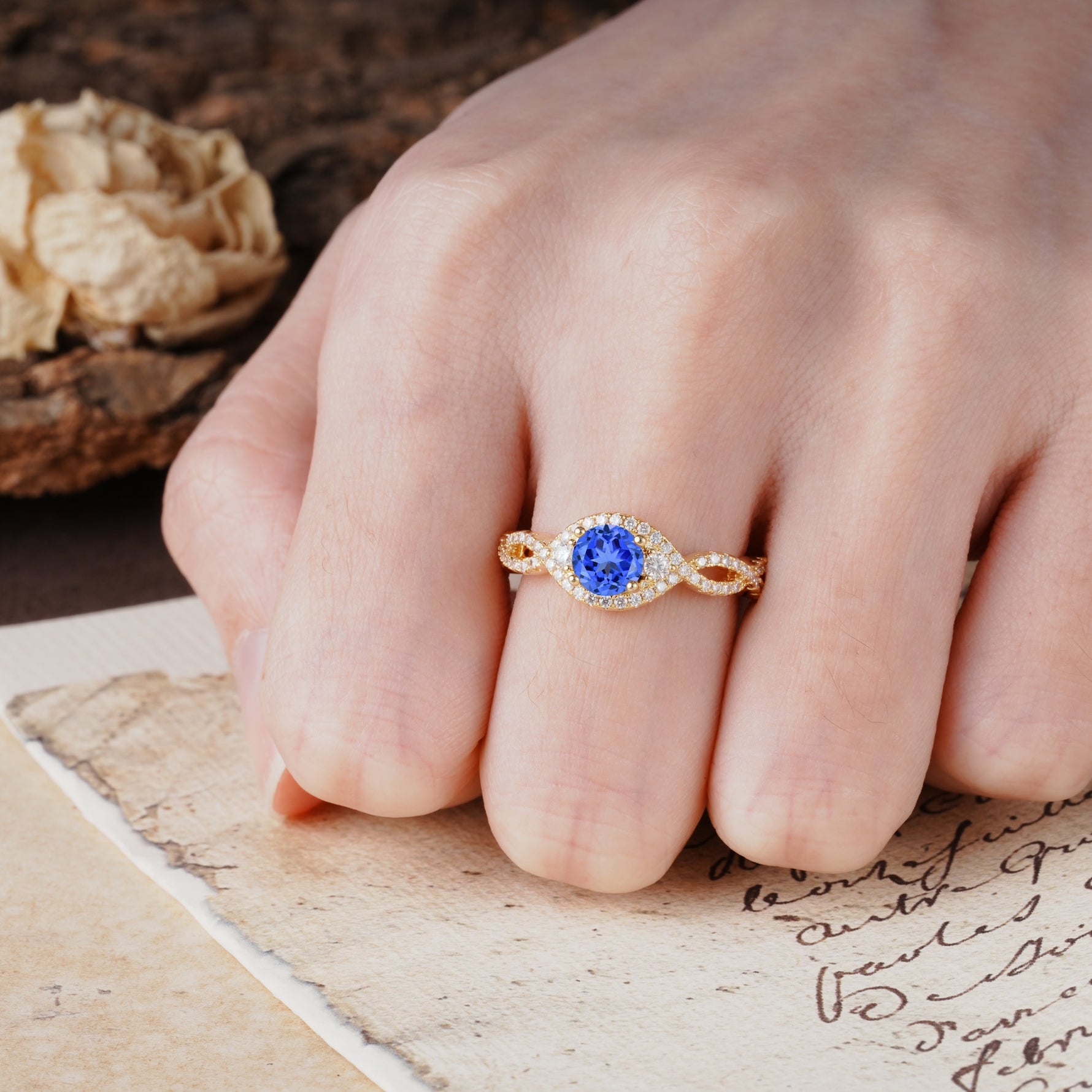 Vintage Round Cut Sapphire Halo Twisted Engagement Ring - Additional view