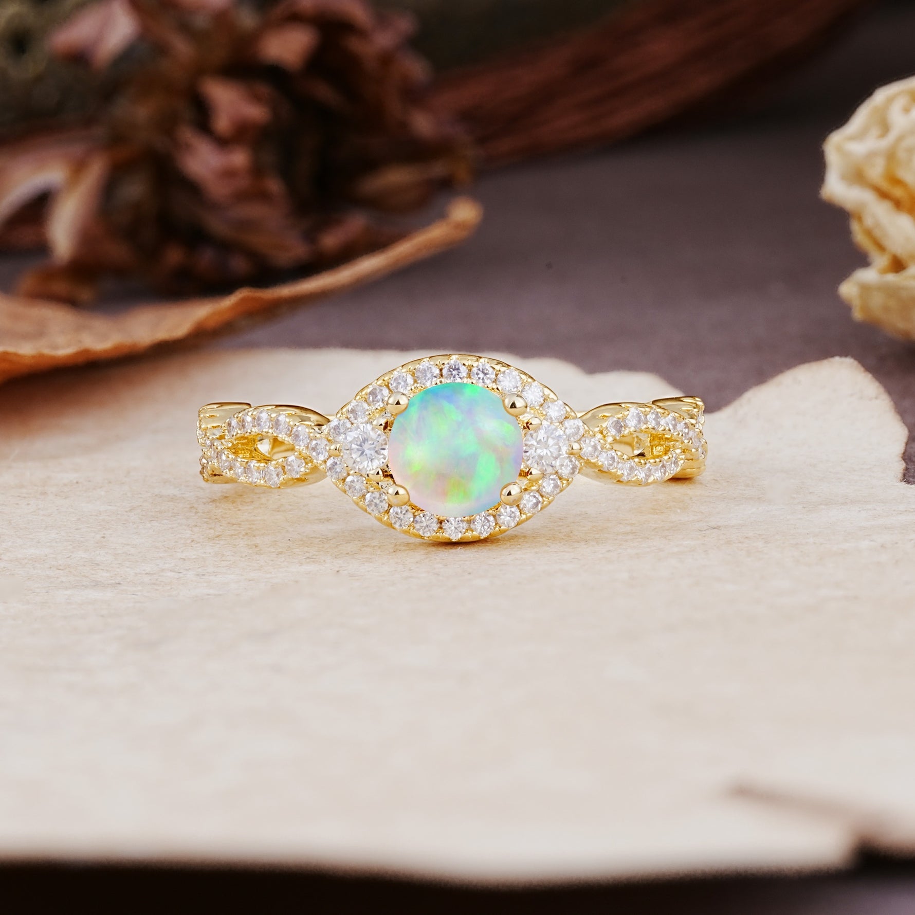 Vintage Round Cut Fire Opal Halo Twisted Engagement Ring - Additional view