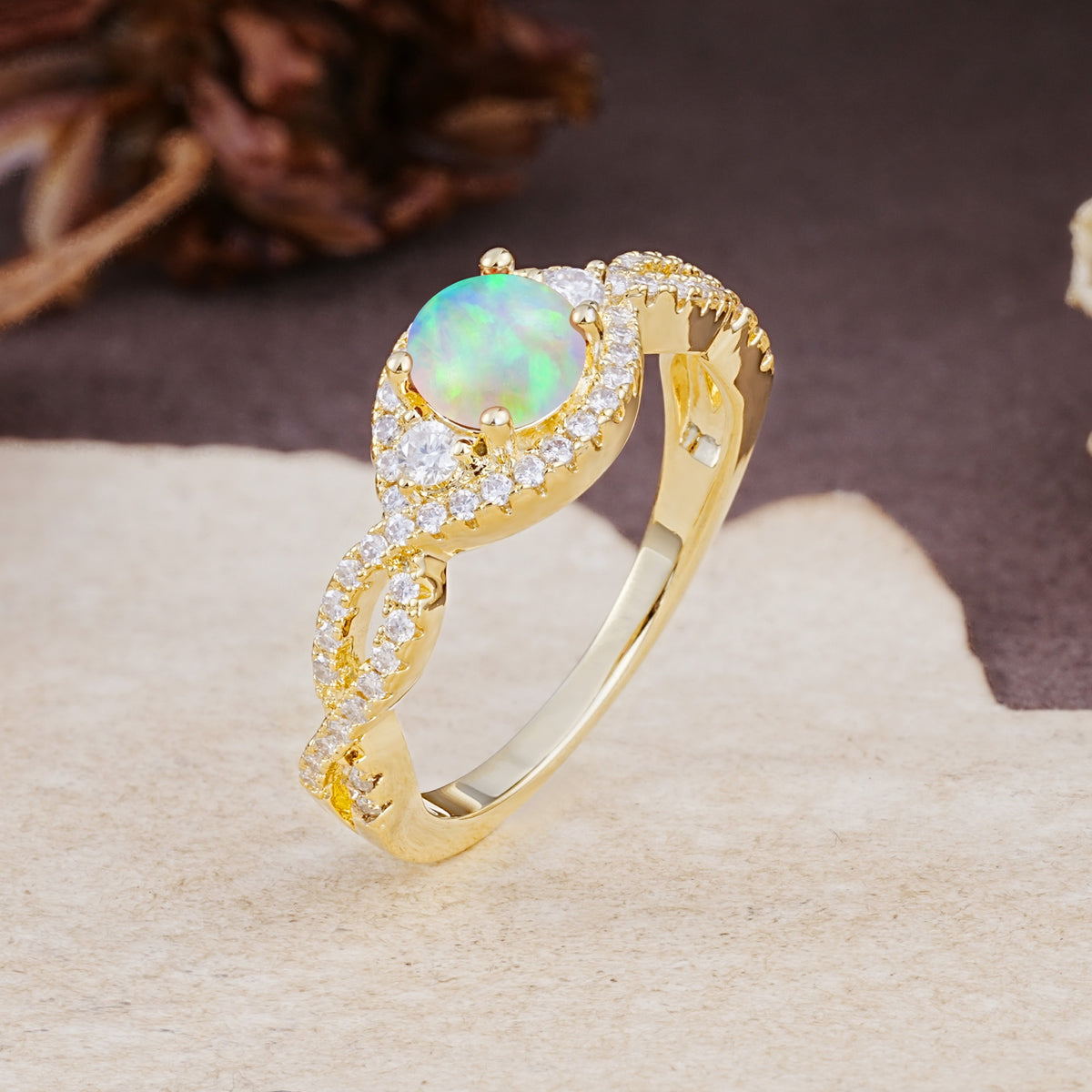 Vintage Round Cut Fire Opal Halo Twisted Engagement Ring - Additional view