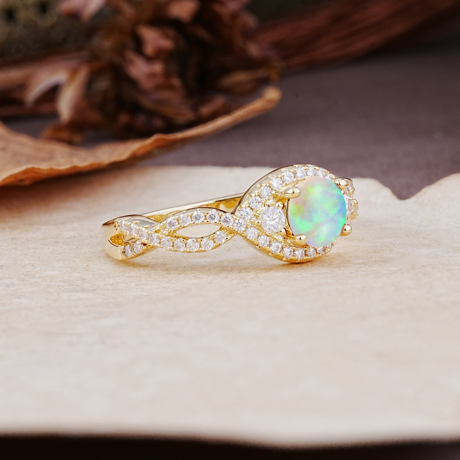 Vintage Round Cut Fire Opal Halo Twisted Engagement Ring - Additional view