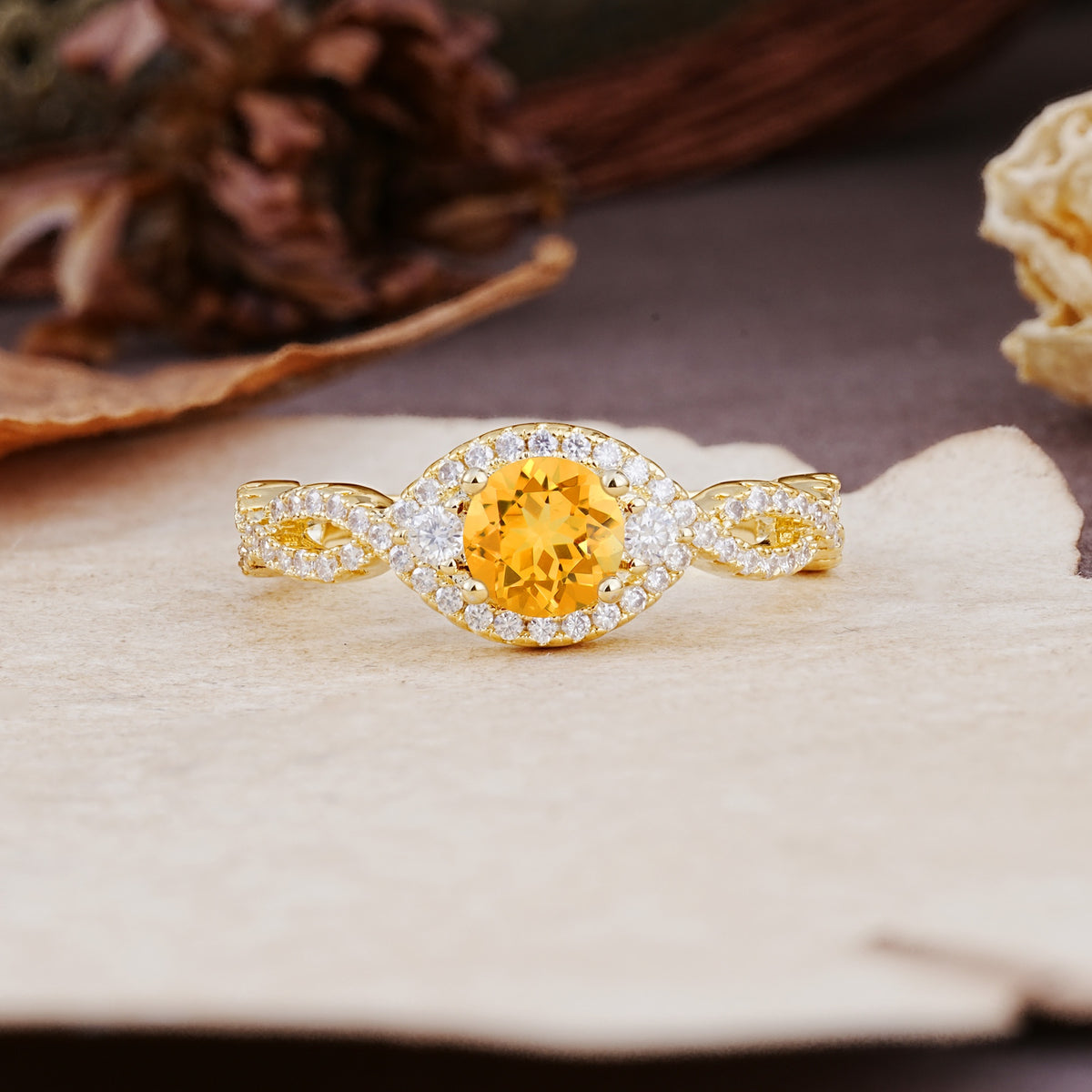 Vintage Round Cut Citrine Halo Twisted Engagement Ring - Additional view