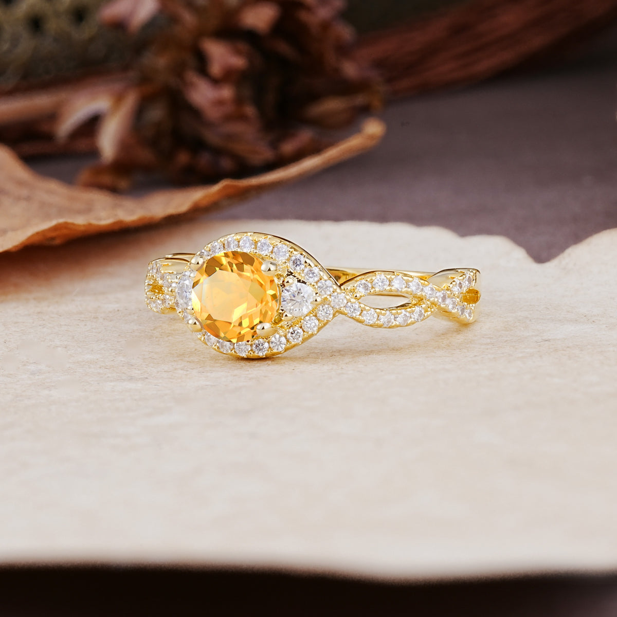 Vintage Round Cut Citrine Halo Twisted Engagement Ring - Additional view