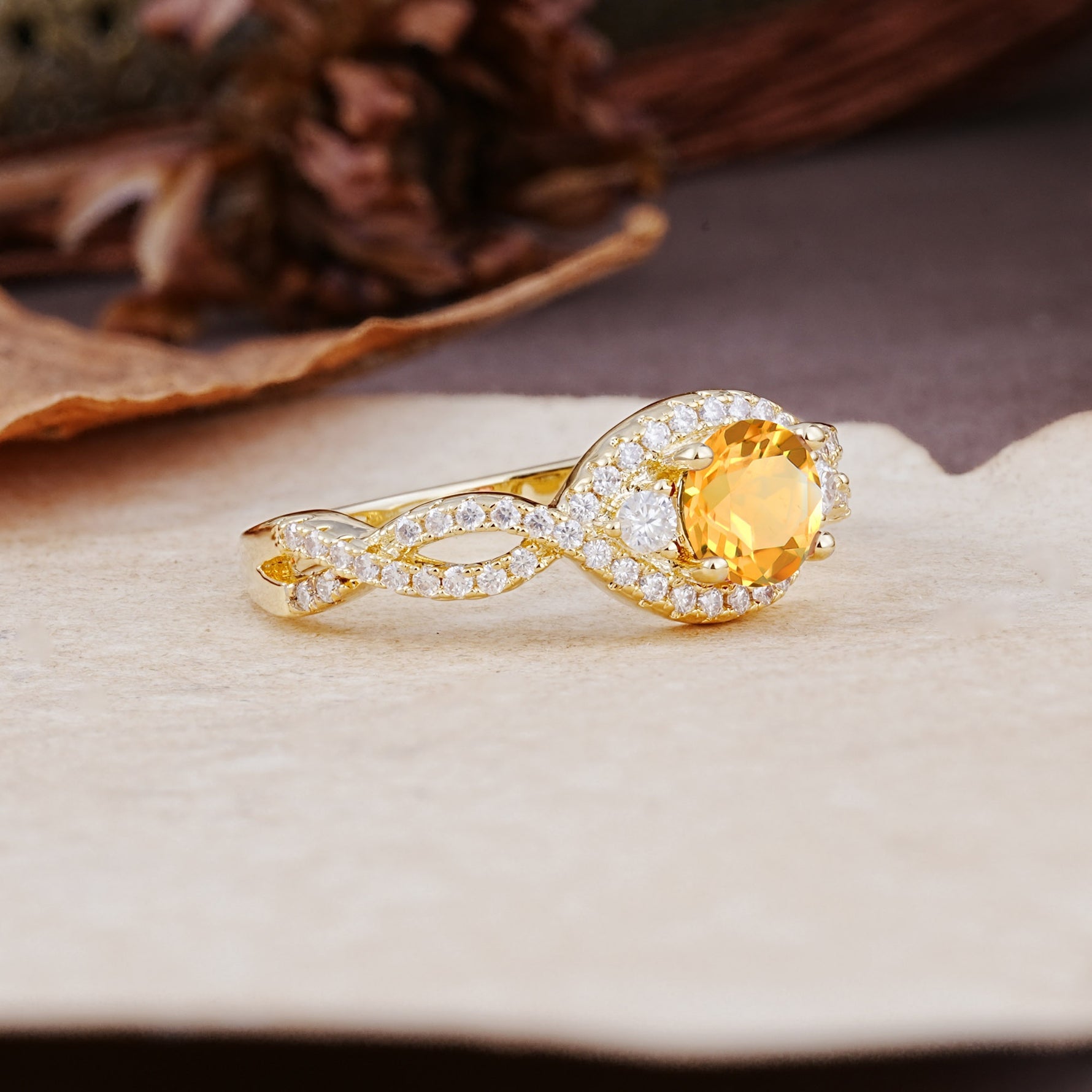 Vintage Round Cut Citrine Halo Twisted Engagement Ring - Additional view