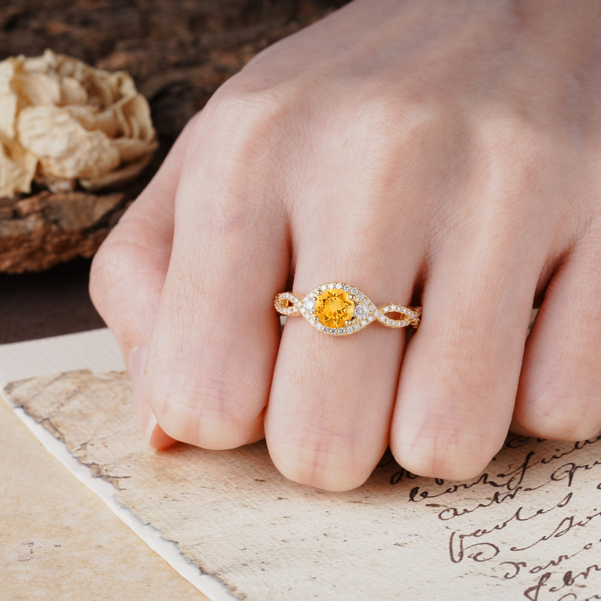 Vintage Round Cut Citrine Halo Twisted Engagement Ring - Additional view