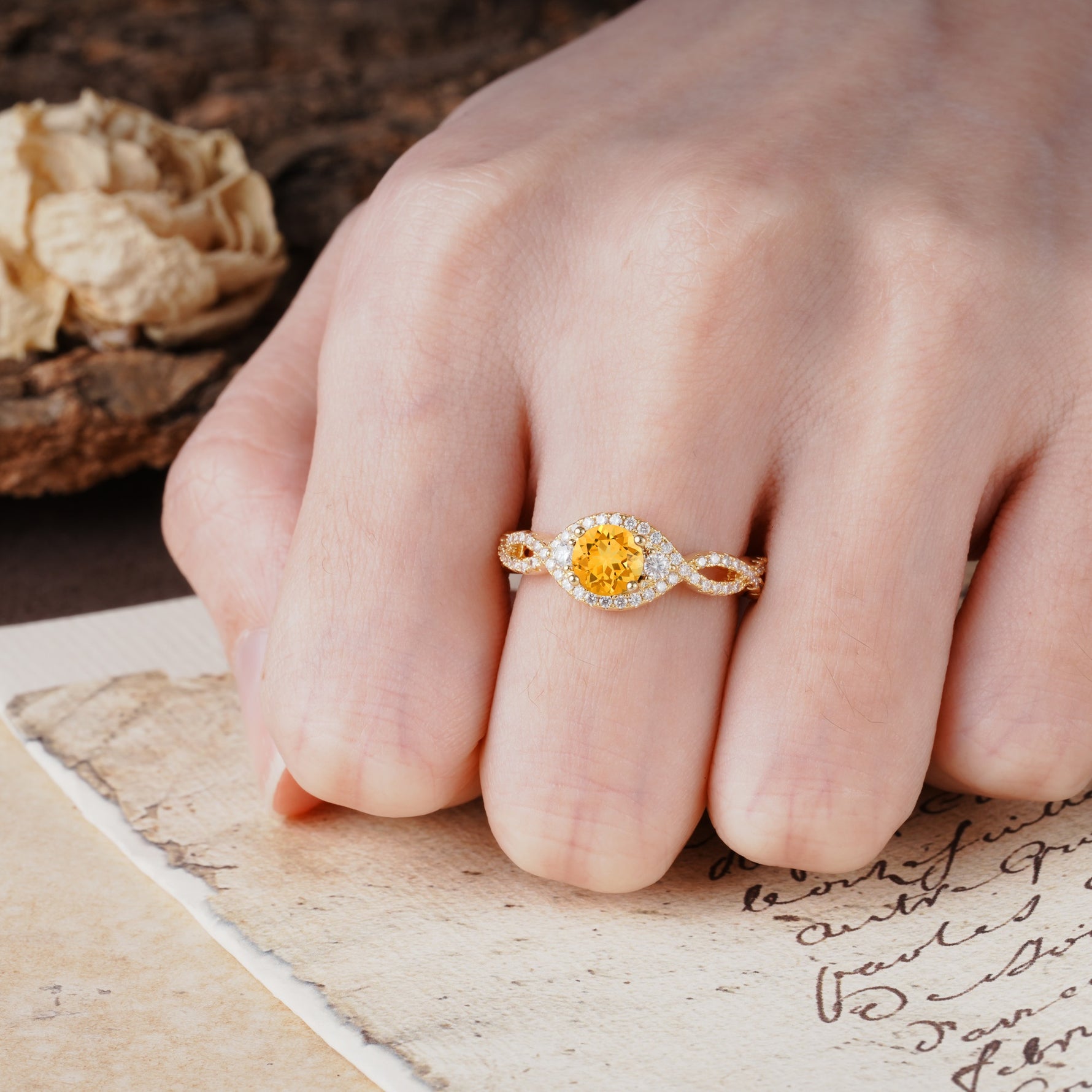 Vintage Round Cut Citrine Halo Twisted Engagement Ring - Additional view