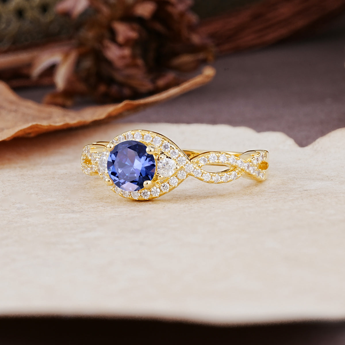 Vintage Round Cut Tanzanite Halo Twisted Engagement Ring - Additional view