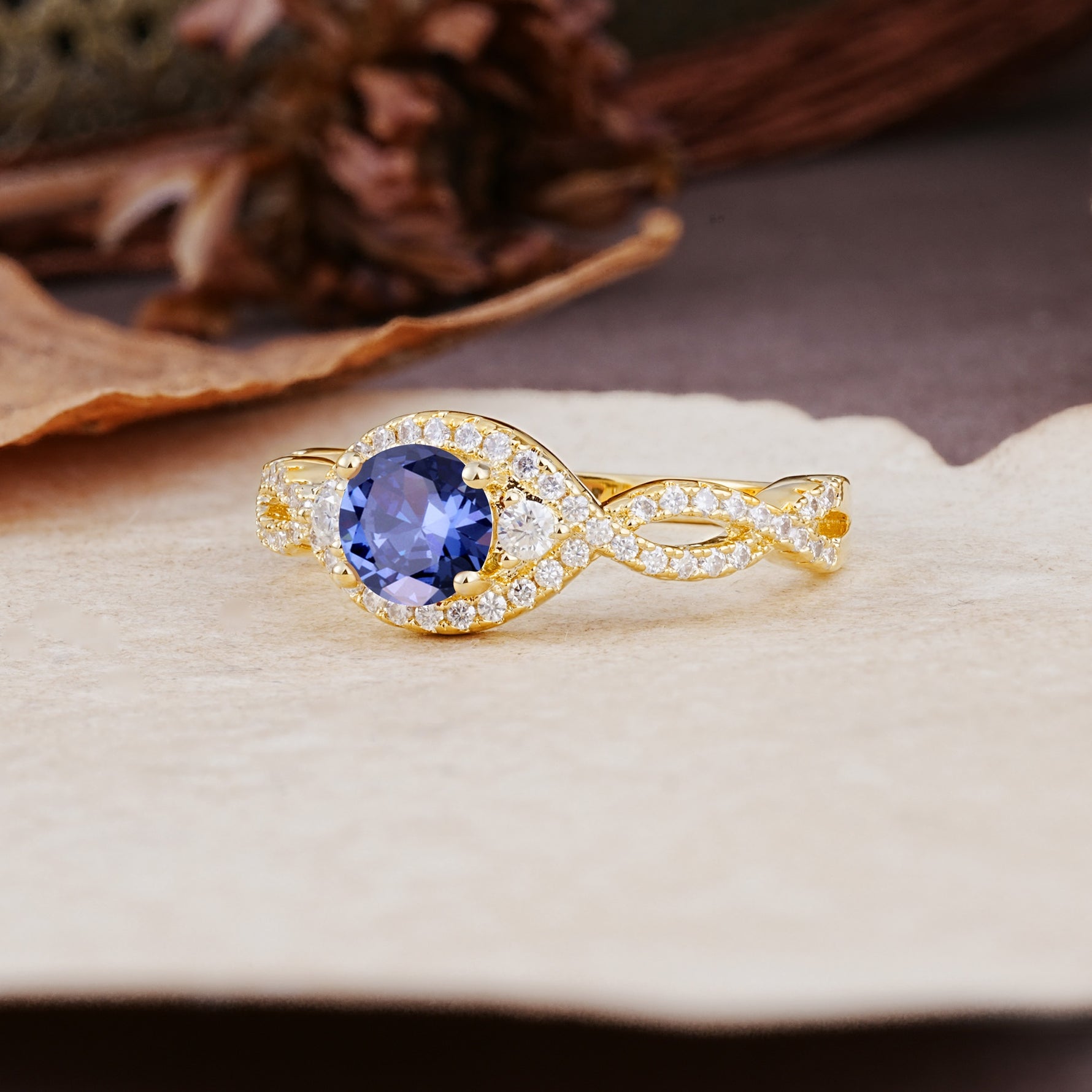 Vintage Round Cut Tanzanite Halo Twisted Engagement Ring - Additional view