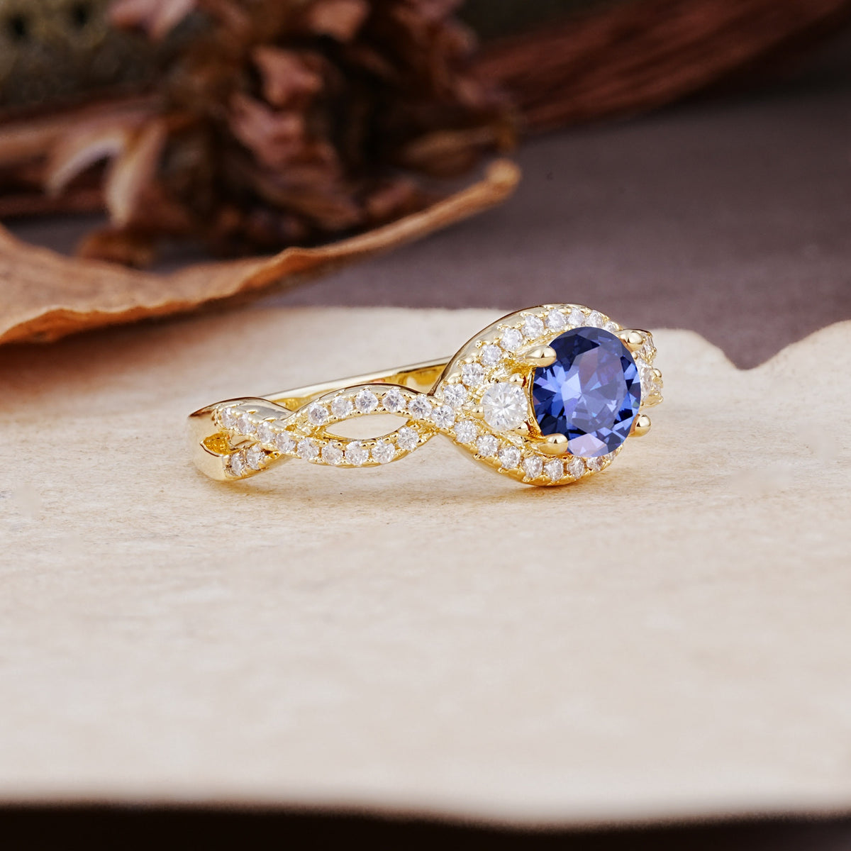 Vintage Round Cut Tanzanite Halo Twisted Engagement Ring - Additional view