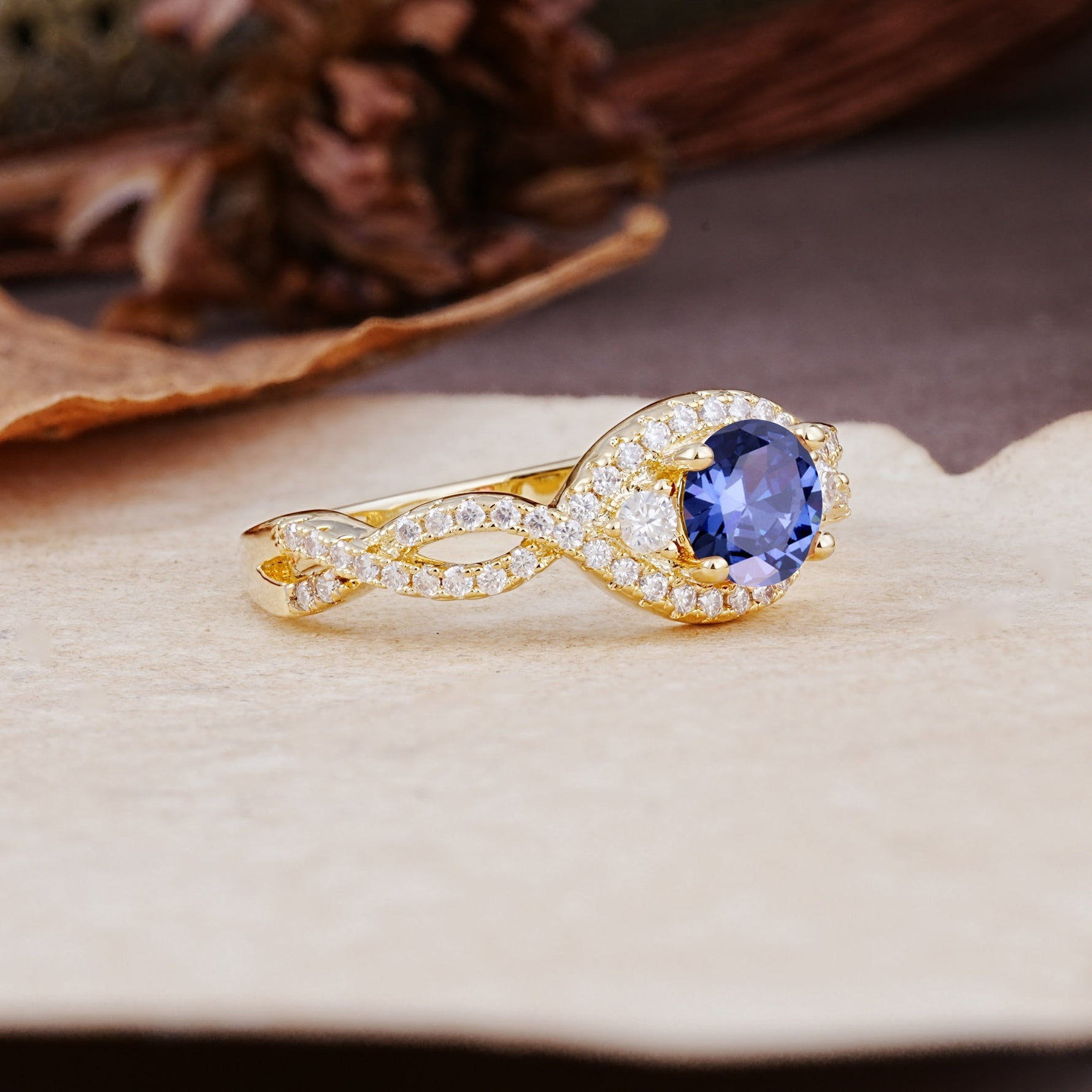 Vintage Round Cut Tanzanite Halo Twisted Engagement Ring - Additional view