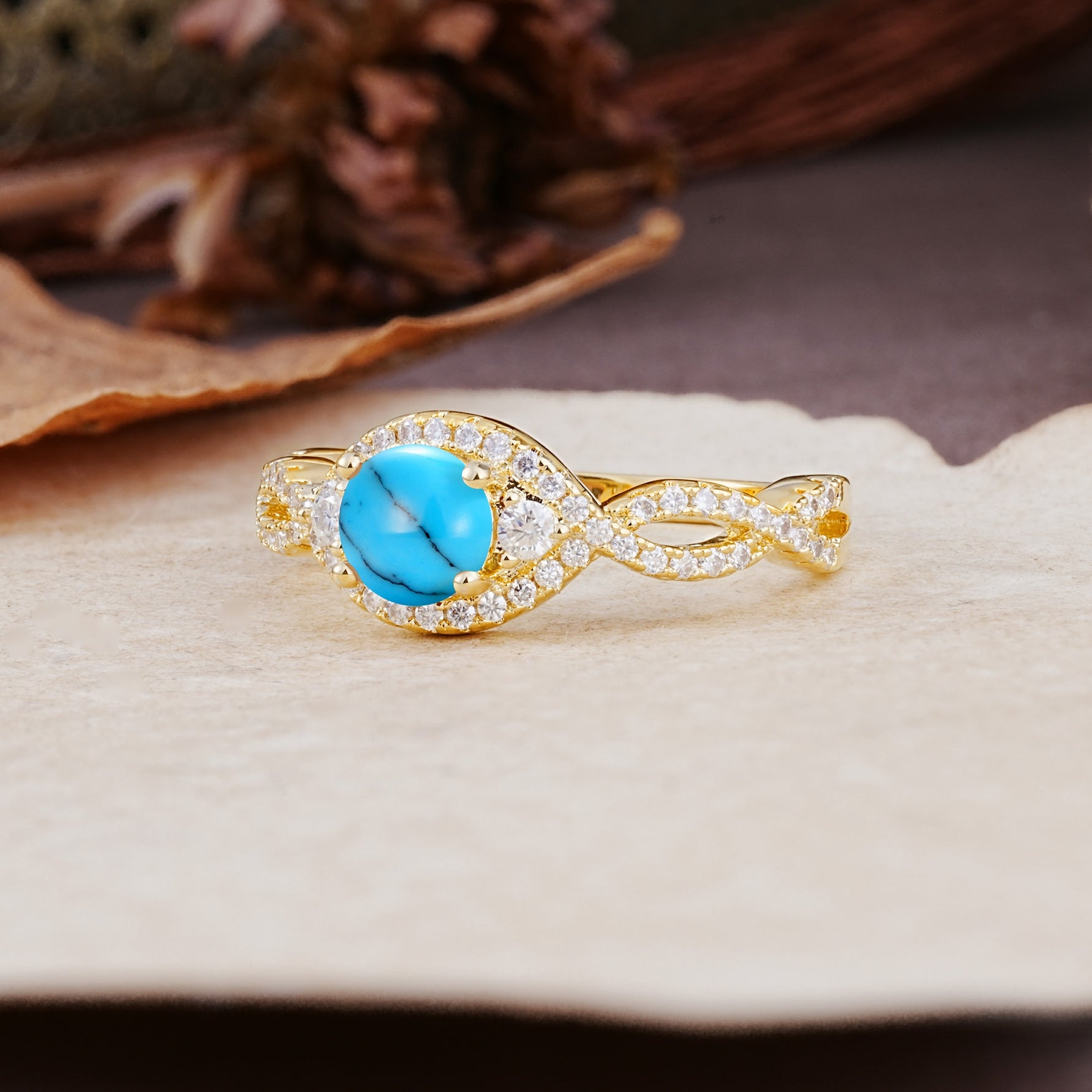 Vintage Round Cut Turquoise Halo Twisted Engagement Ring - Additional view