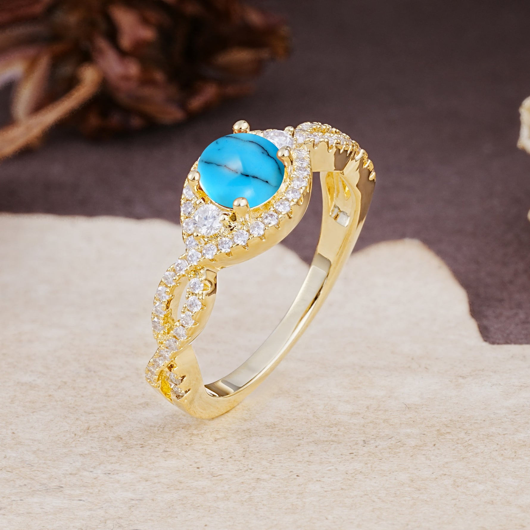 Vintage Round Cut Turquoise Halo Twisted Engagement Ring - Additional view