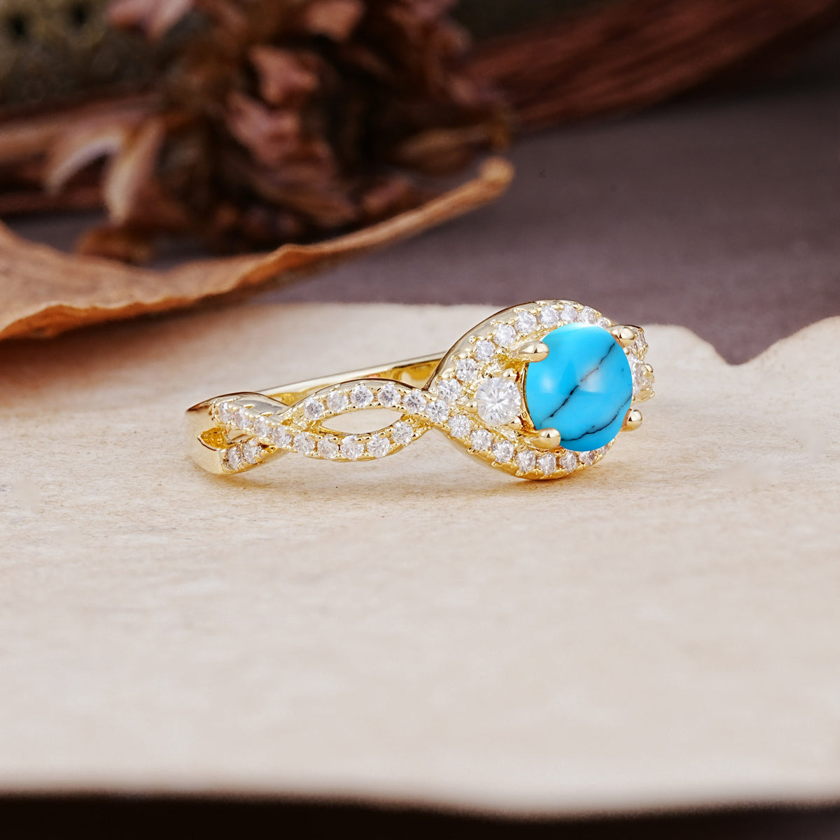 Vintage Round Cut Turquoise Halo Twisted Engagement Ring - Additional view
