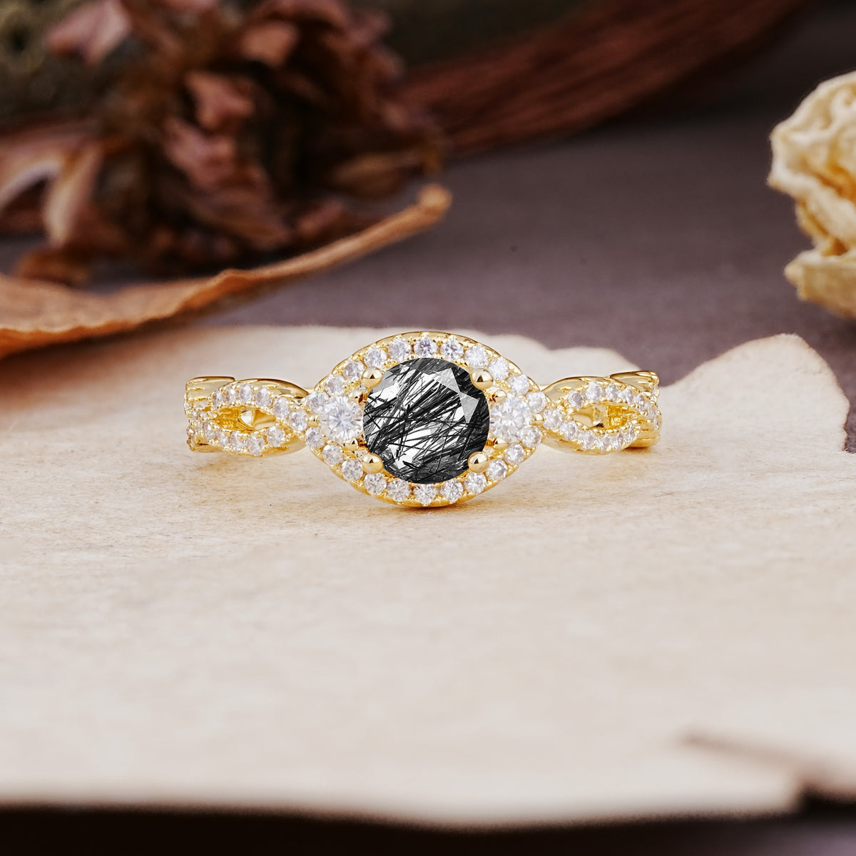 Vintage Round Cut Black Rutilated Quartz Halo Twisted Engagement Ring - Additional view