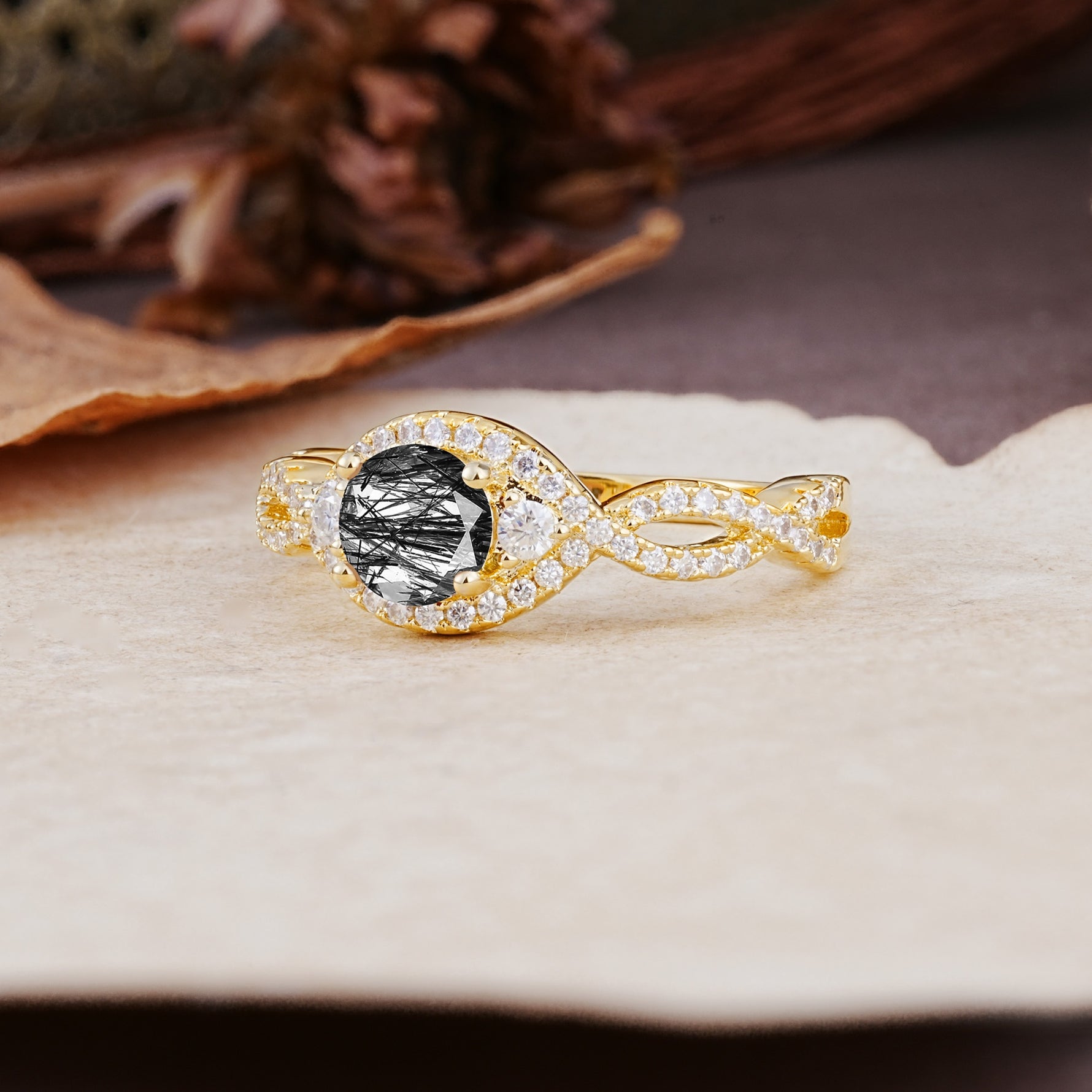 Vintage Round Cut Black Rutilated Quartz Halo Twisted Engagement Ring - Additional view