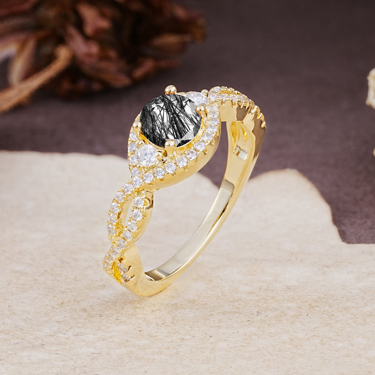 Vintage Round Cut Black Rutilated Quartz Halo Twisted Engagement Ring - Additional view
