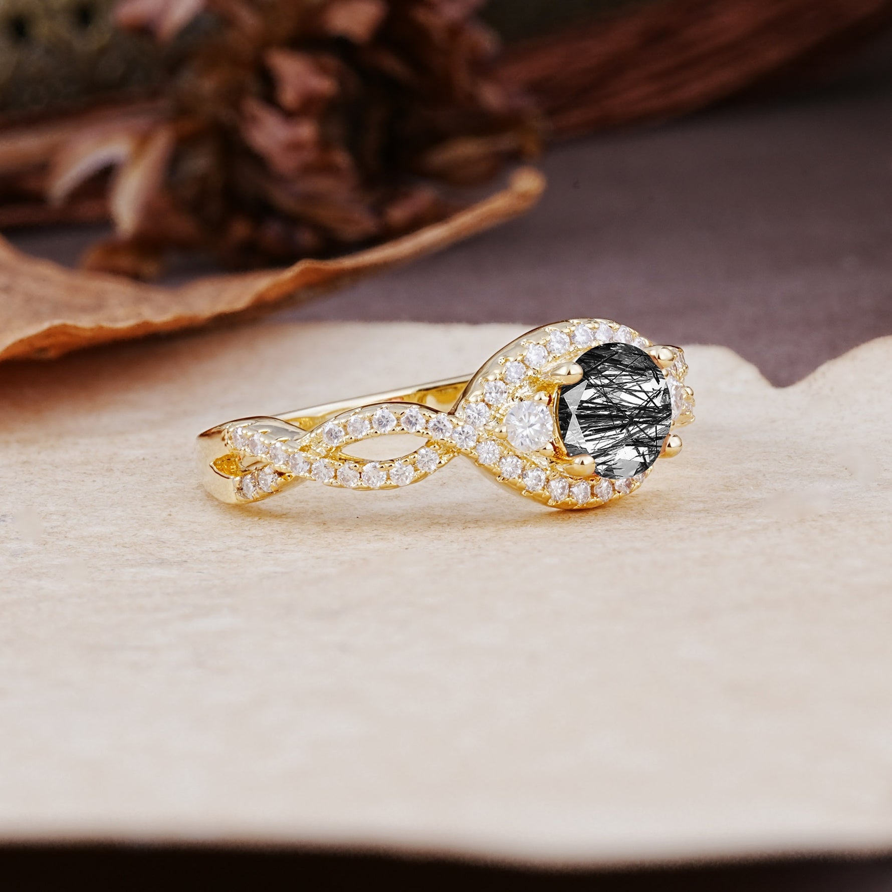 Vintage Round Cut Black Rutilated Quartz Halo Twisted Engagement Ring - Additional view