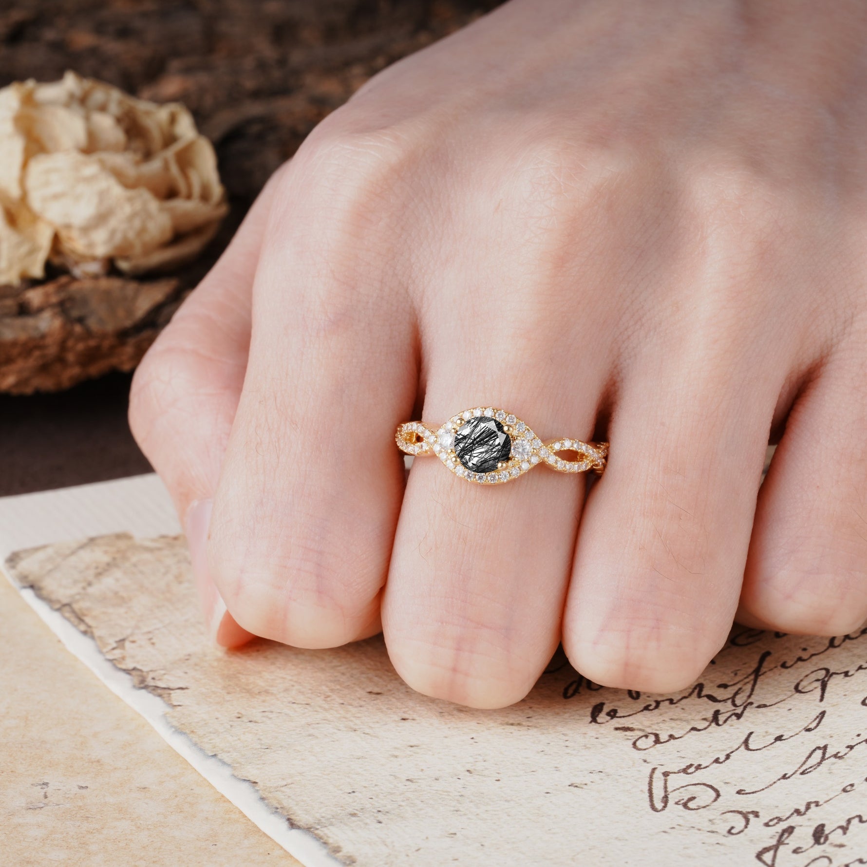 Vintage Round Cut Black Rutilated Quartz Halo Twisted Engagement Ring - Additional view