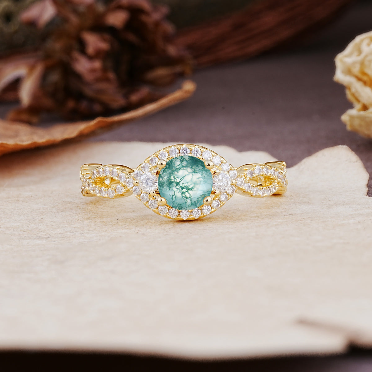 Vintage Round Cut Moss Agate Halo Twisted Engagement Ring - Additional view