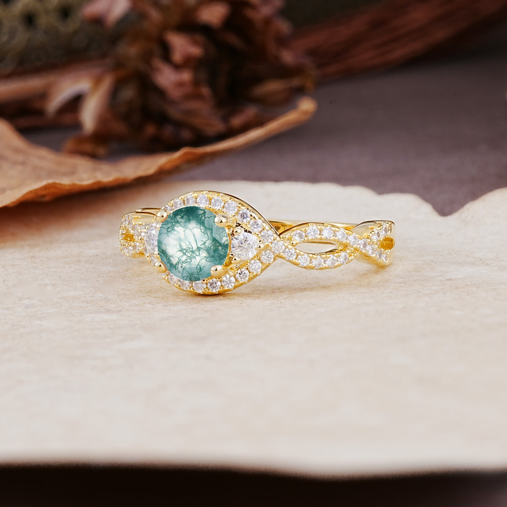 Vintage Round Cut Moss Agate Halo Twisted Engagement Ring - Additional view