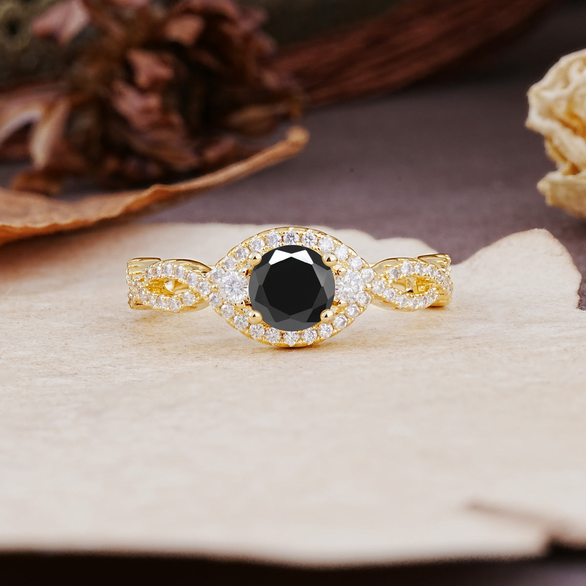 Vintage Round Cut Black Onyx Halo Twisted Engagement Ring - Additional view