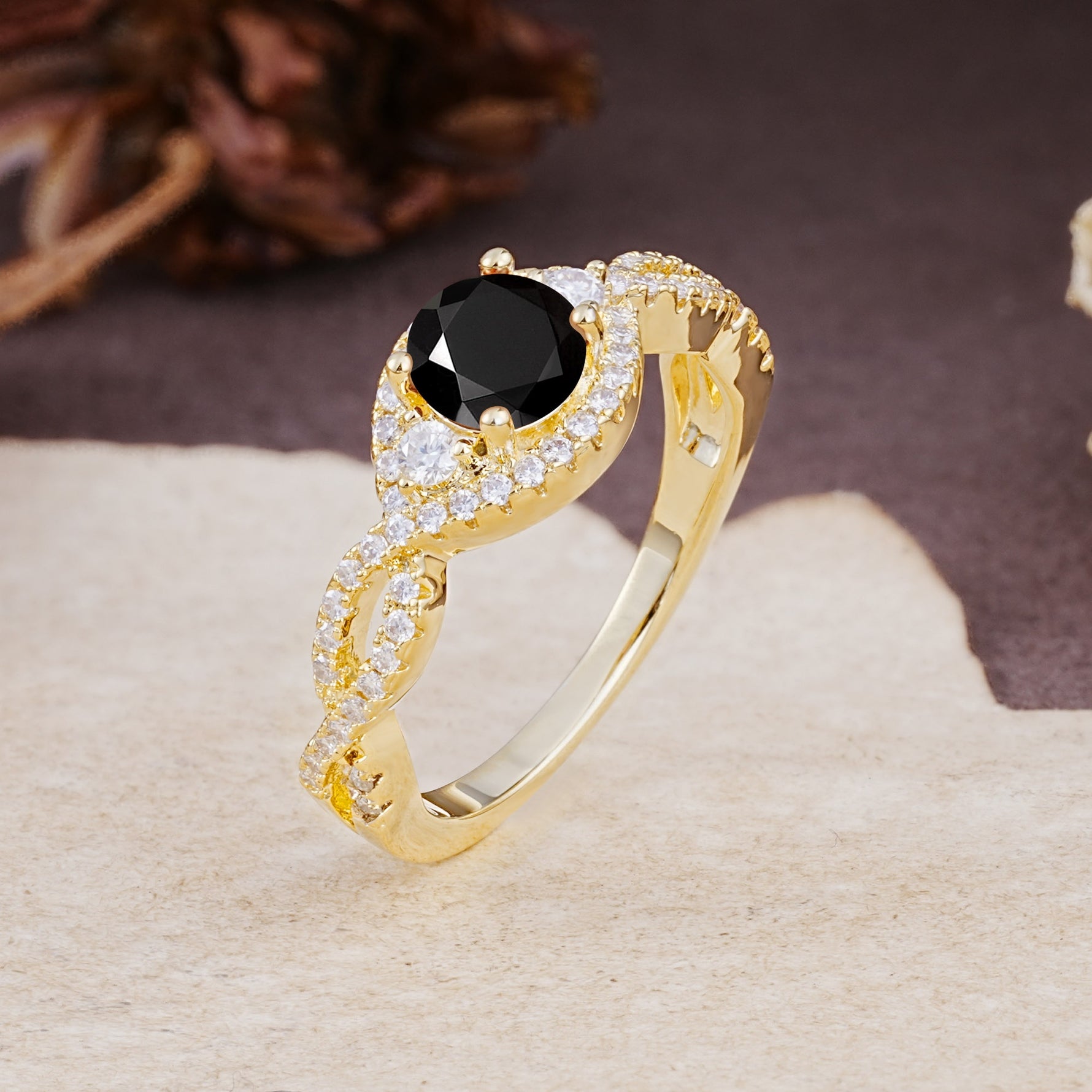 Vintage Round Cut Black Onyx Halo Twisted Engagement Ring - Additional view