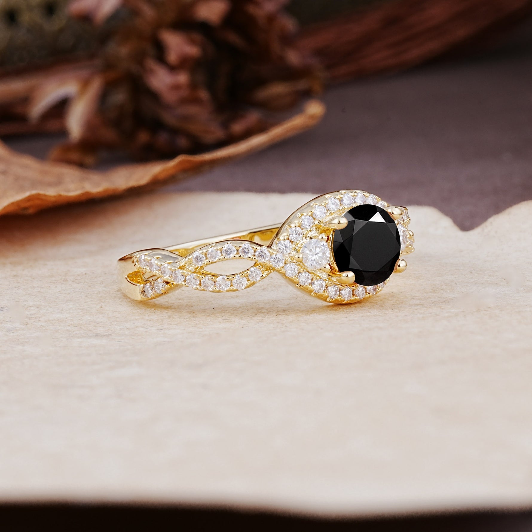Vintage Round Cut Black Onyx Halo Twisted Engagement Ring - Additional view