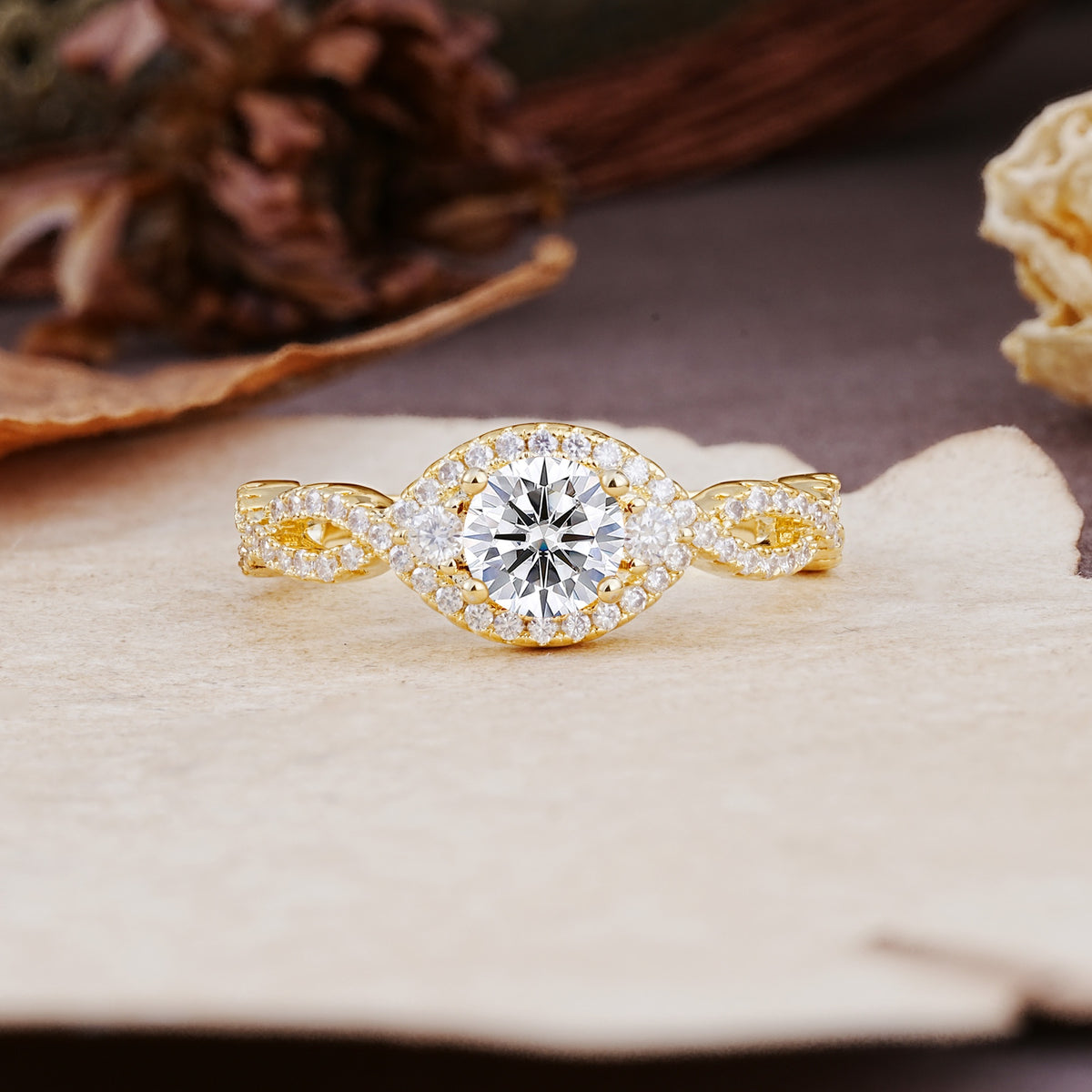 Vintage Round Cut Lab Diamond Halo Twisted Engagement Ring - Additional view