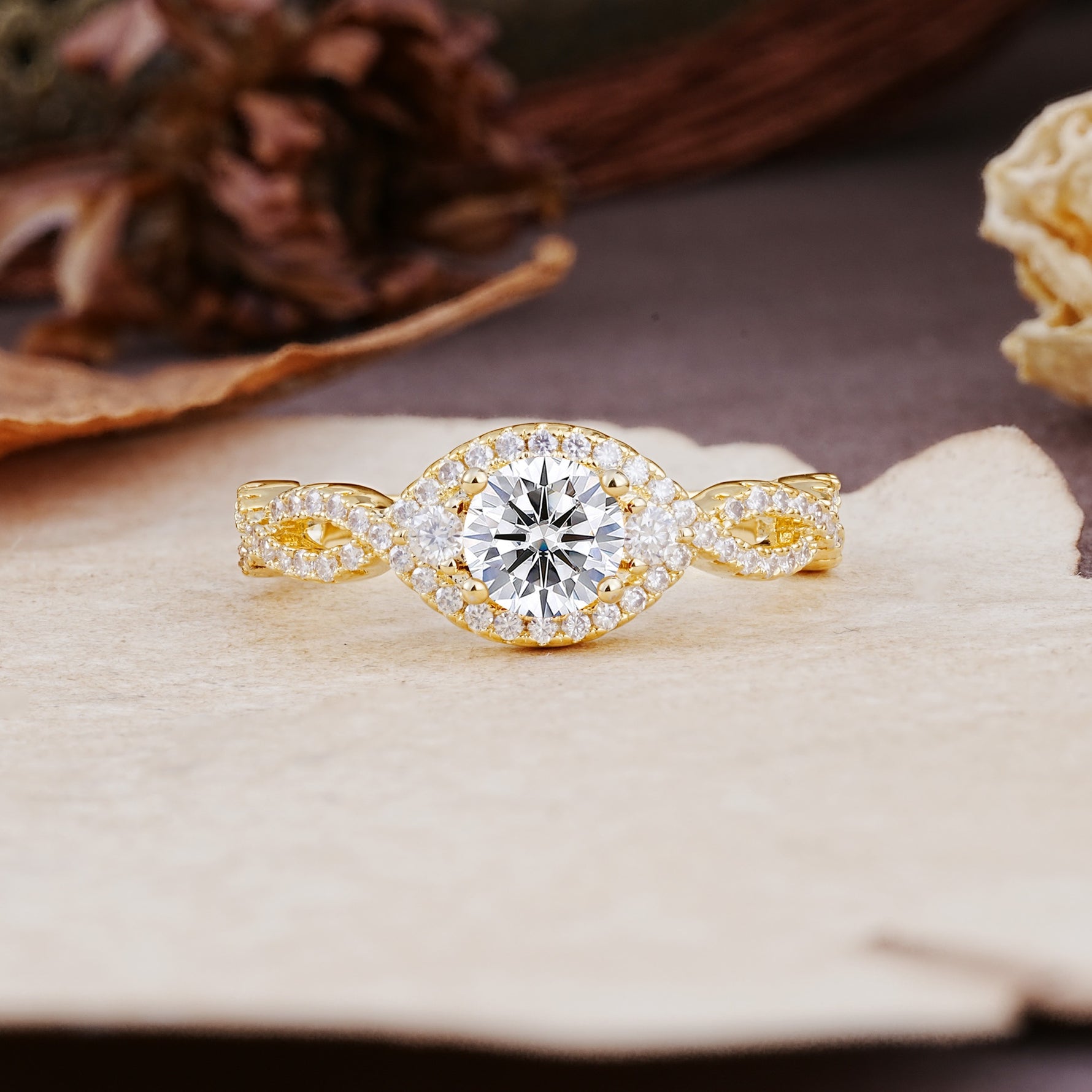 Vintage Round Cut Lab Diamond Halo Twisted Engagement Ring - Additional view