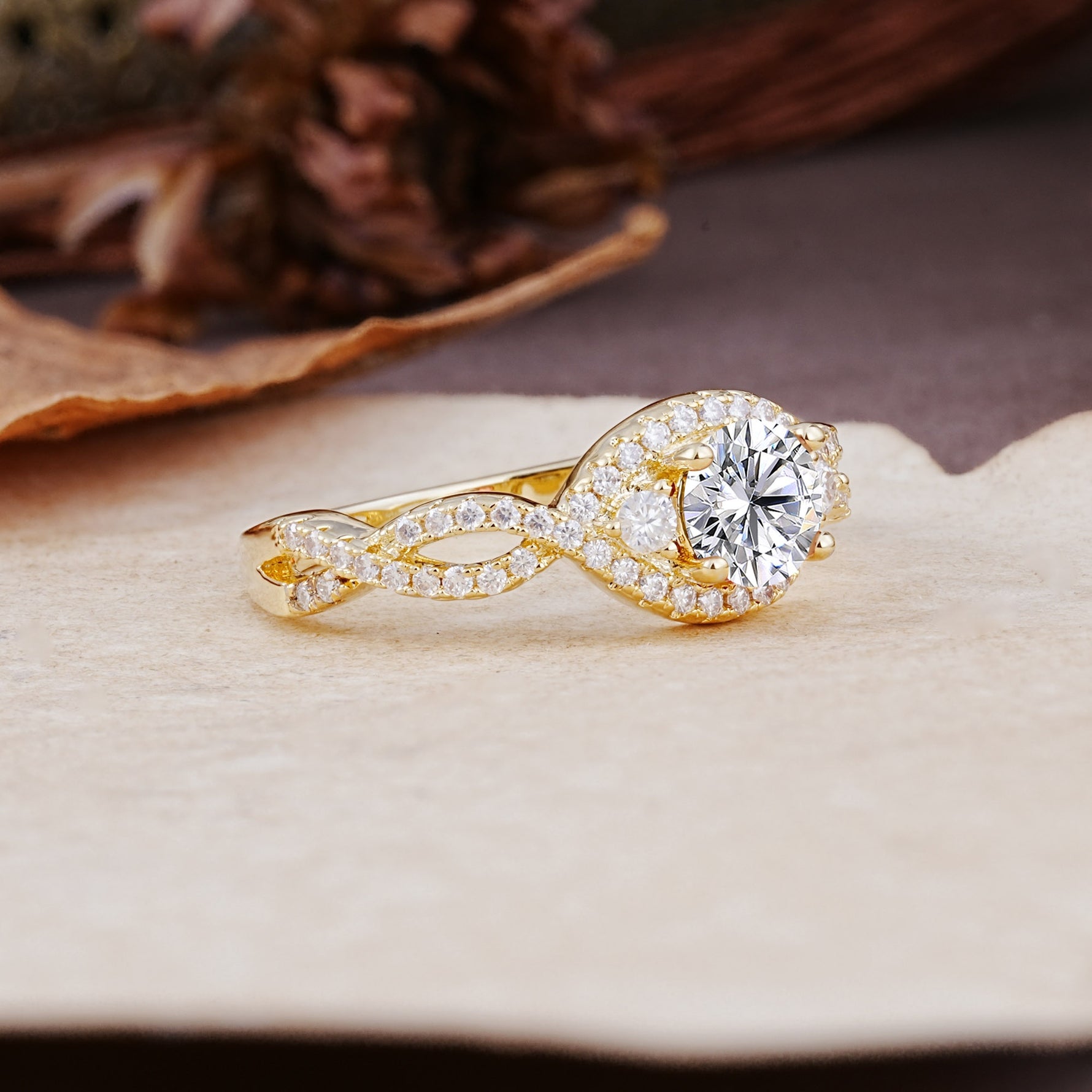 Vintage Round Cut Lab Diamond Halo Twisted Engagement Ring - Additional view