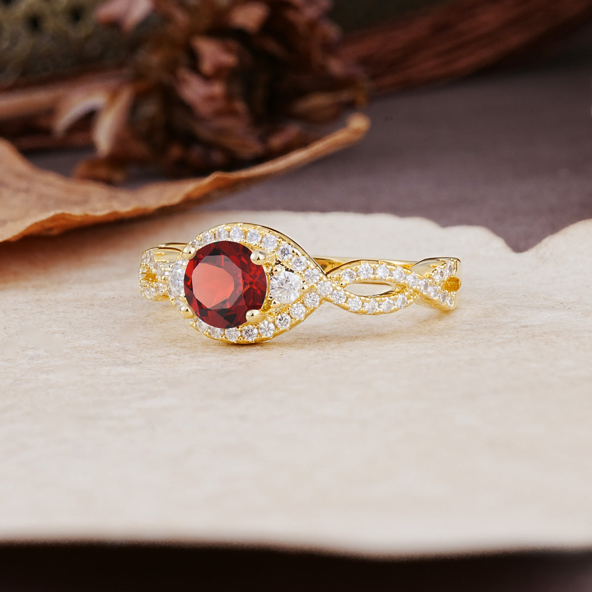 Vintage Round Cut Garnet Halo Twisted Engagement Ring - Additional view