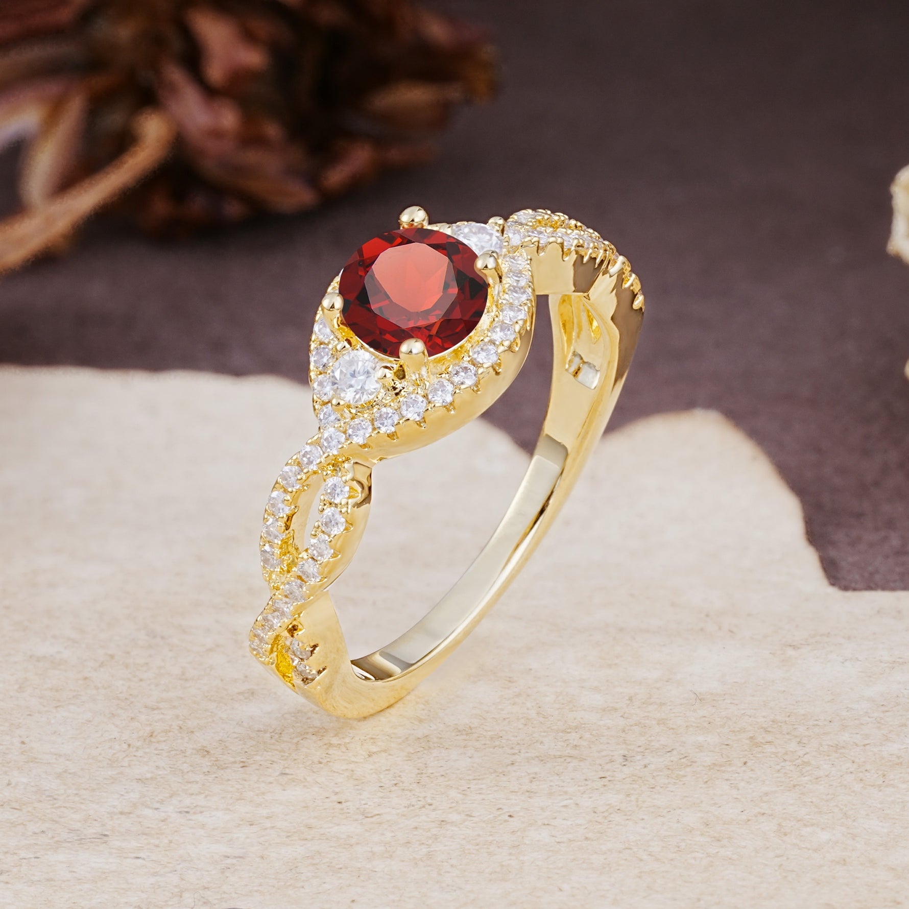 Vintage Round Cut Garnet Halo Twisted Engagement Ring - Additional view