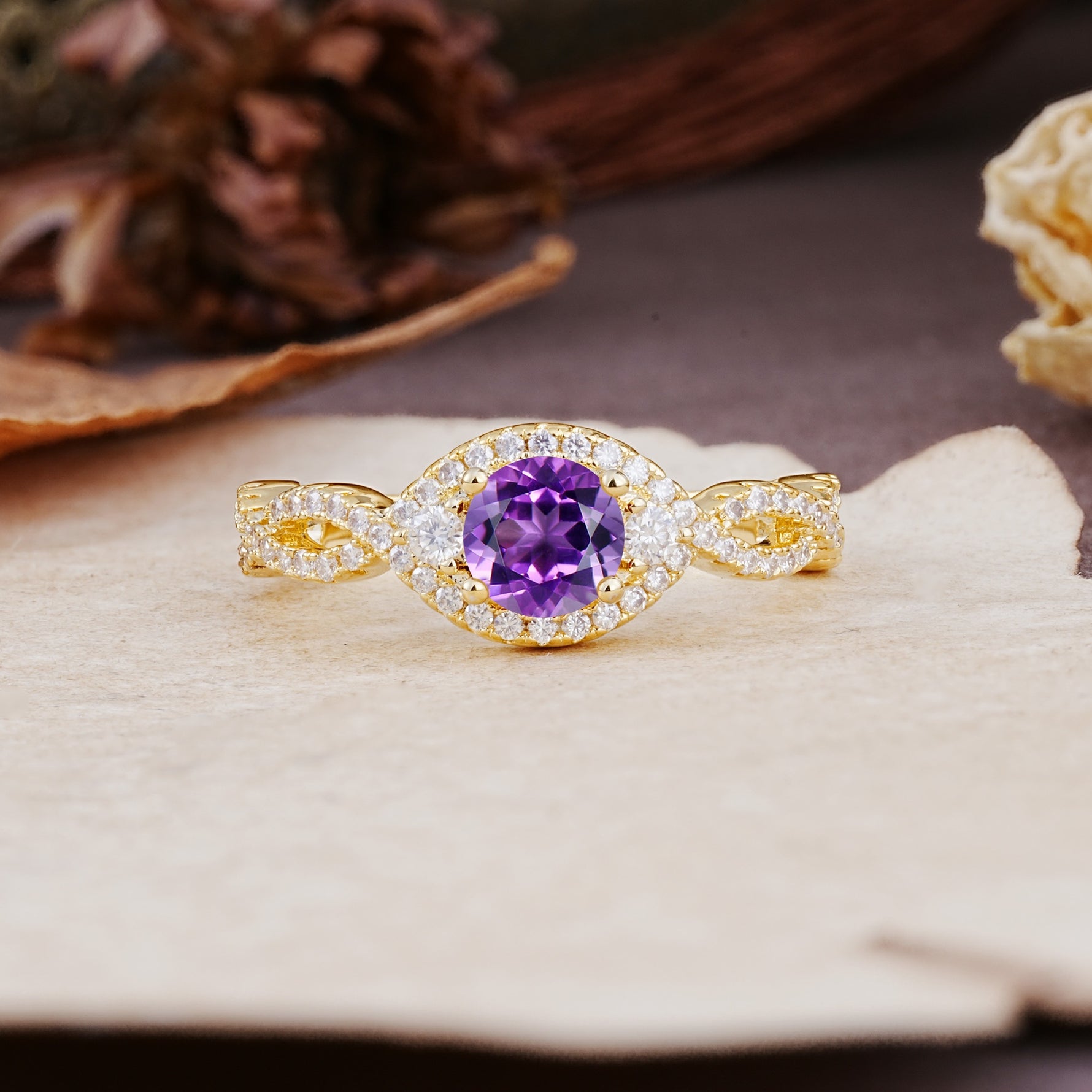 Vintage Round Cut Amethyst Halo Twisted Engagement Ring - Additional view