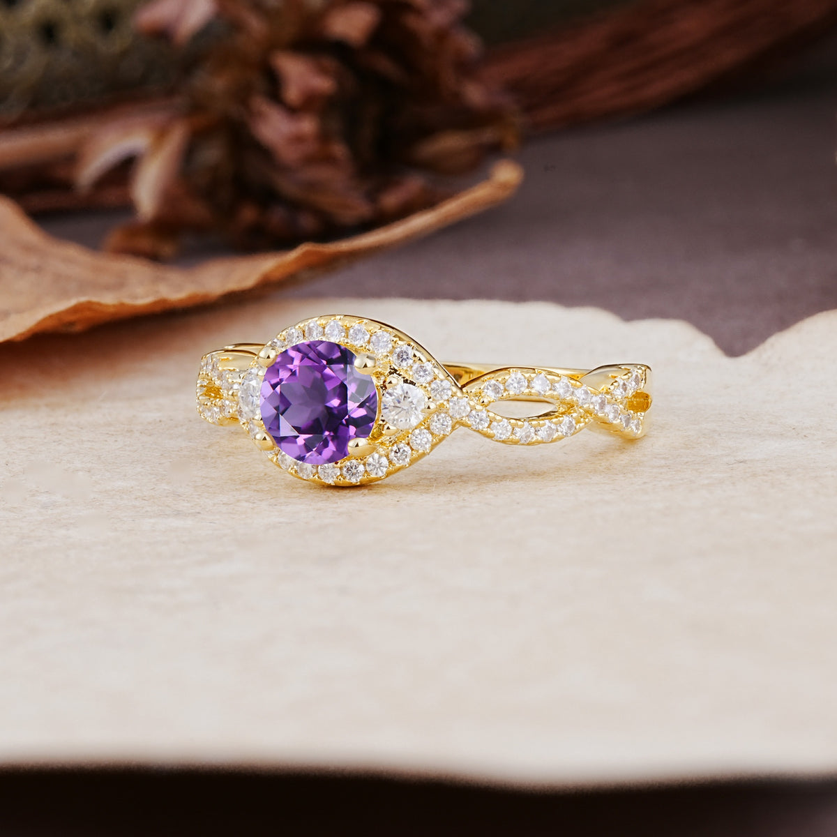 Vintage Round Cut Amethyst Halo Twisted Engagement Ring - Additional view