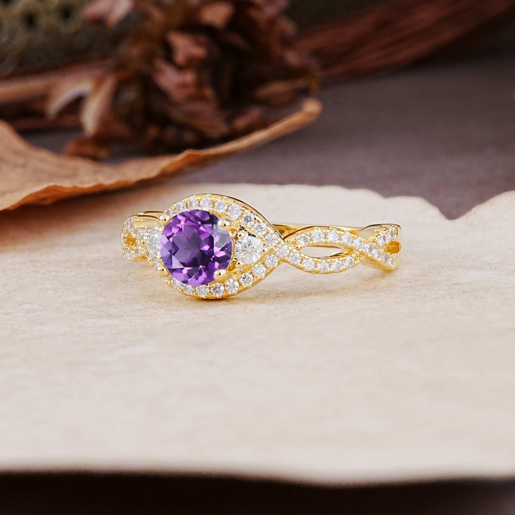 Vintage Round Cut Amethyst Halo Twisted Engagement Ring - Additional view