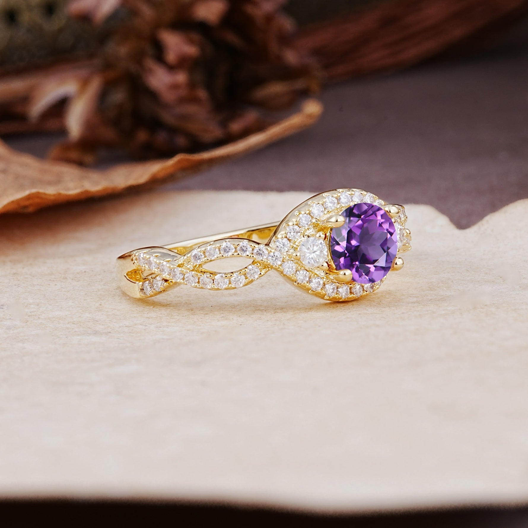 Vintage Round Cut Amethyst Halo Twisted Engagement Ring - Additional view