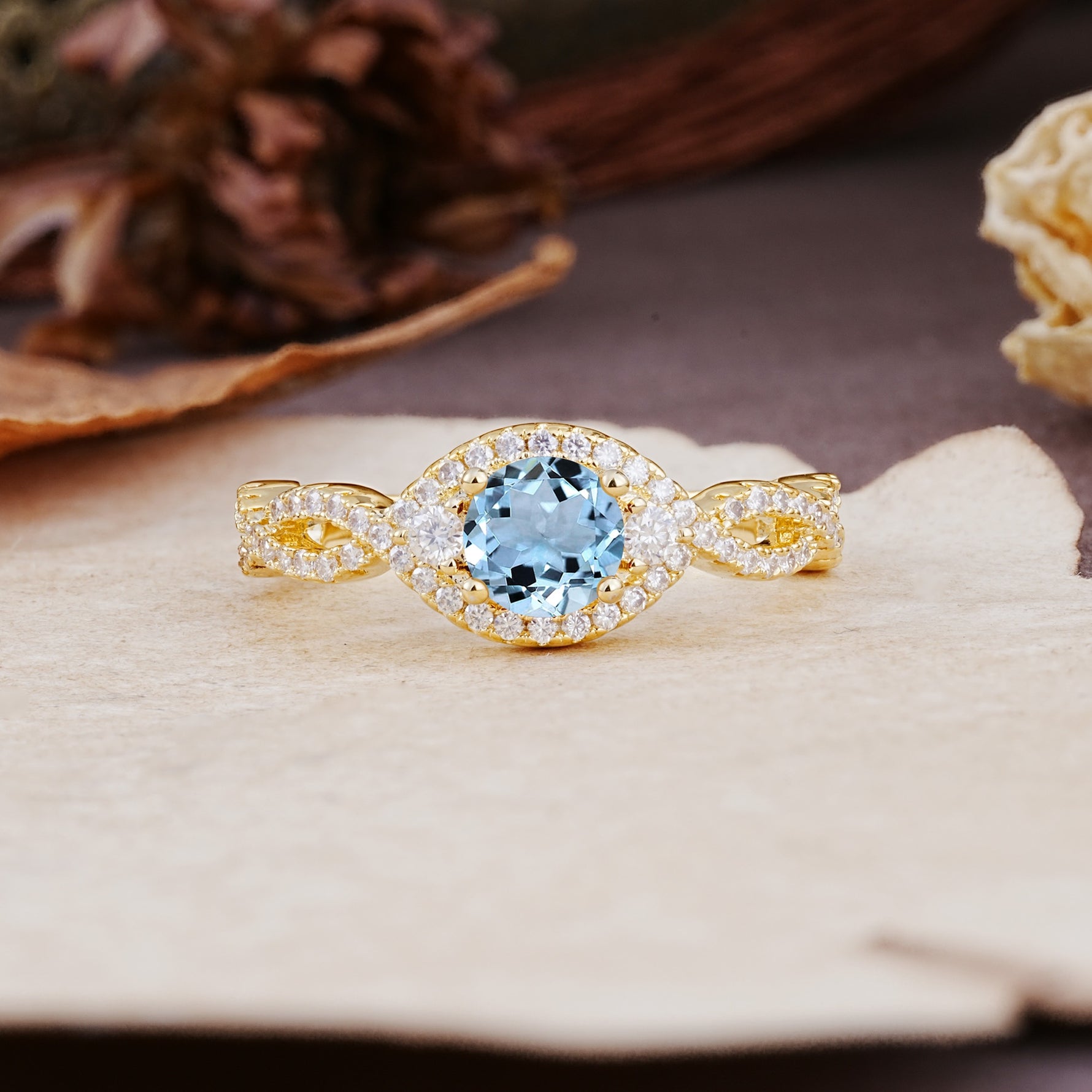 Vintage Round Cut Aquamarine Halo Twisted Engagement Ring - Additional view