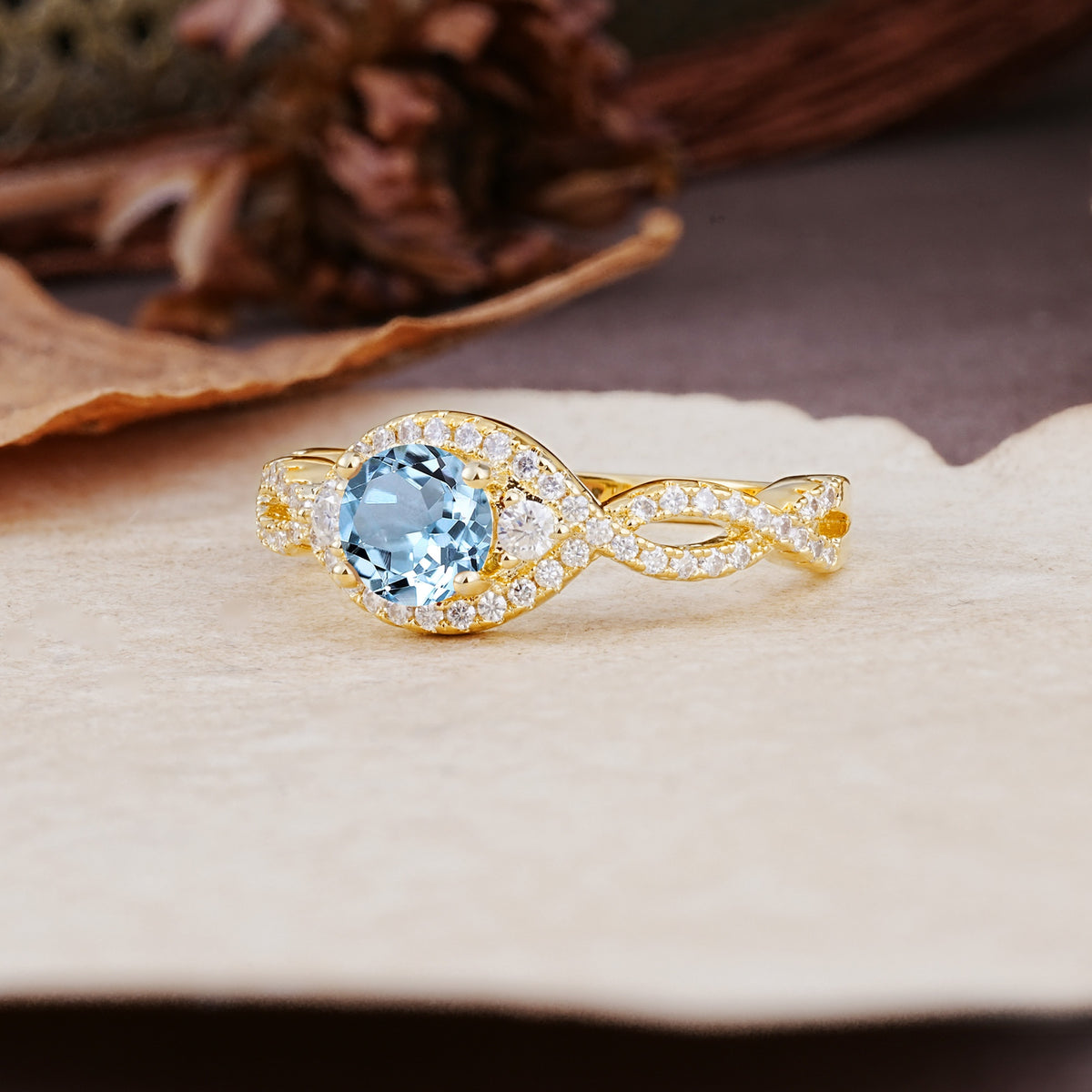 Vintage Round Cut Aquamarine Halo Twisted Engagement Ring - Additional view