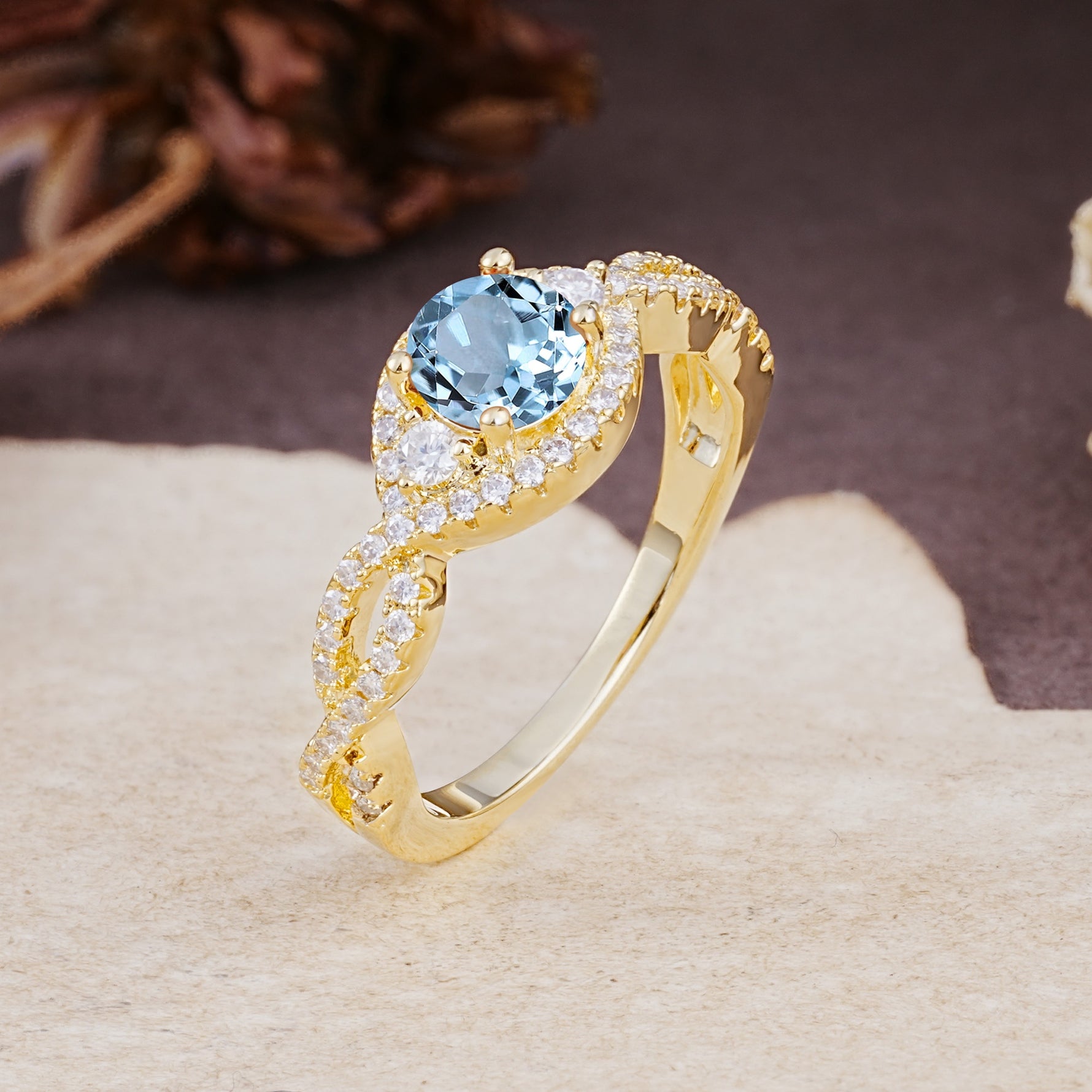 Vintage Round Cut Aquamarine Halo Twisted Engagement Ring - Additional view