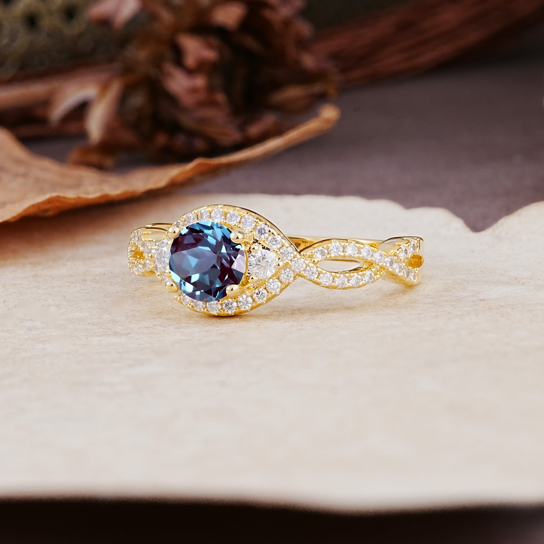 Vintage Round Cut Alexandrite Halo Twisted Engagement Ring - Additional view