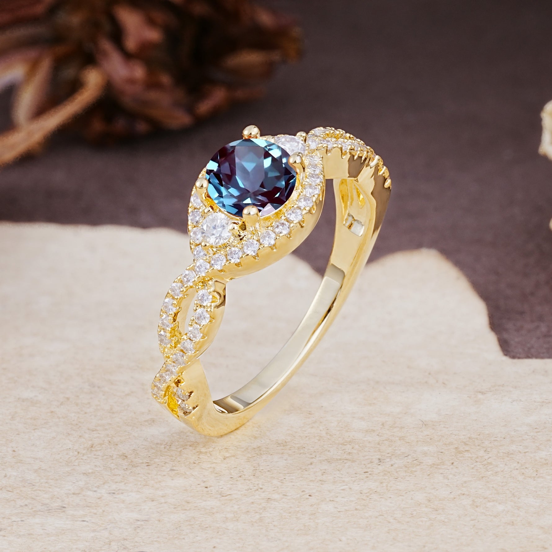 Vintage Round Cut Alexandrite Halo Twisted Engagement Ring - Additional view