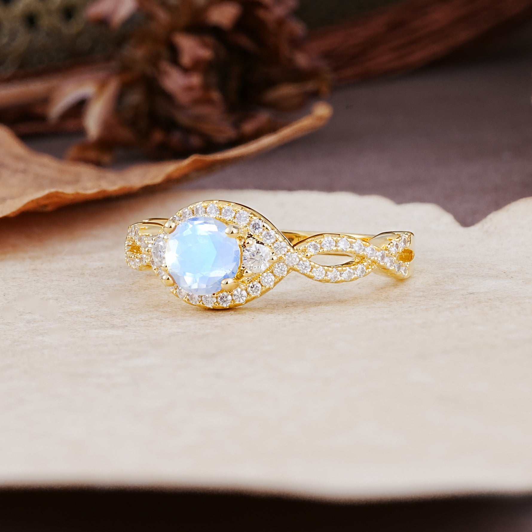 Vintage Round Cut Moonstone Halo Twisted Engagement Ring - Additional view